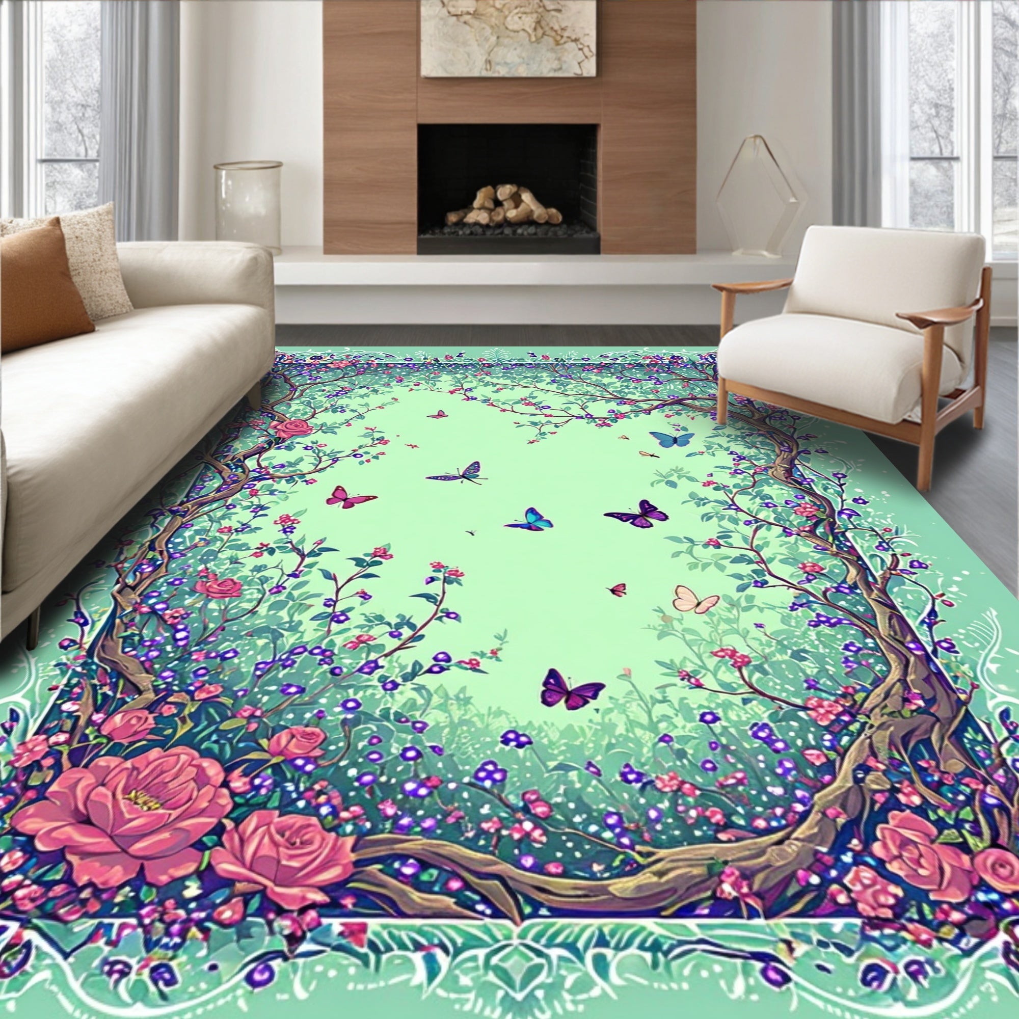 Enchanting Garden Butterfly Floral Pattern Rug