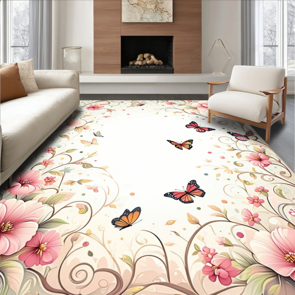 Whimsical Fluttering Butterflies Flowers Rug