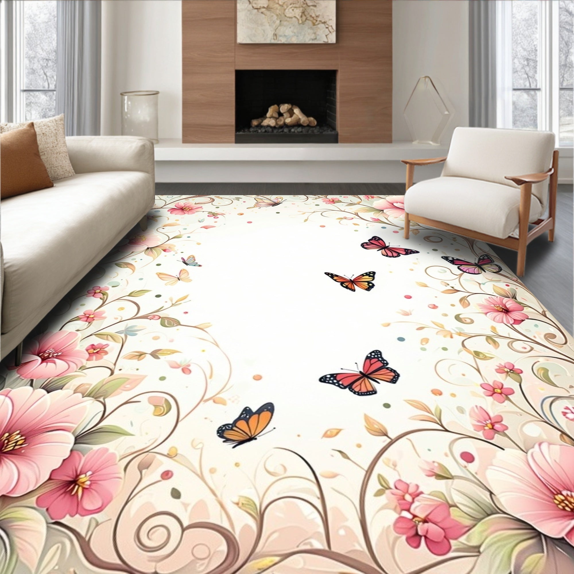 Whimsical Fluttering Butterflies Flowers Rug