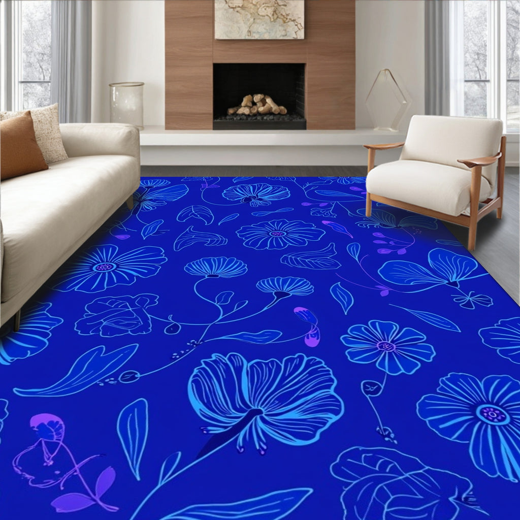 Deep Blue Floral Outline Abstract Pattern Rug
