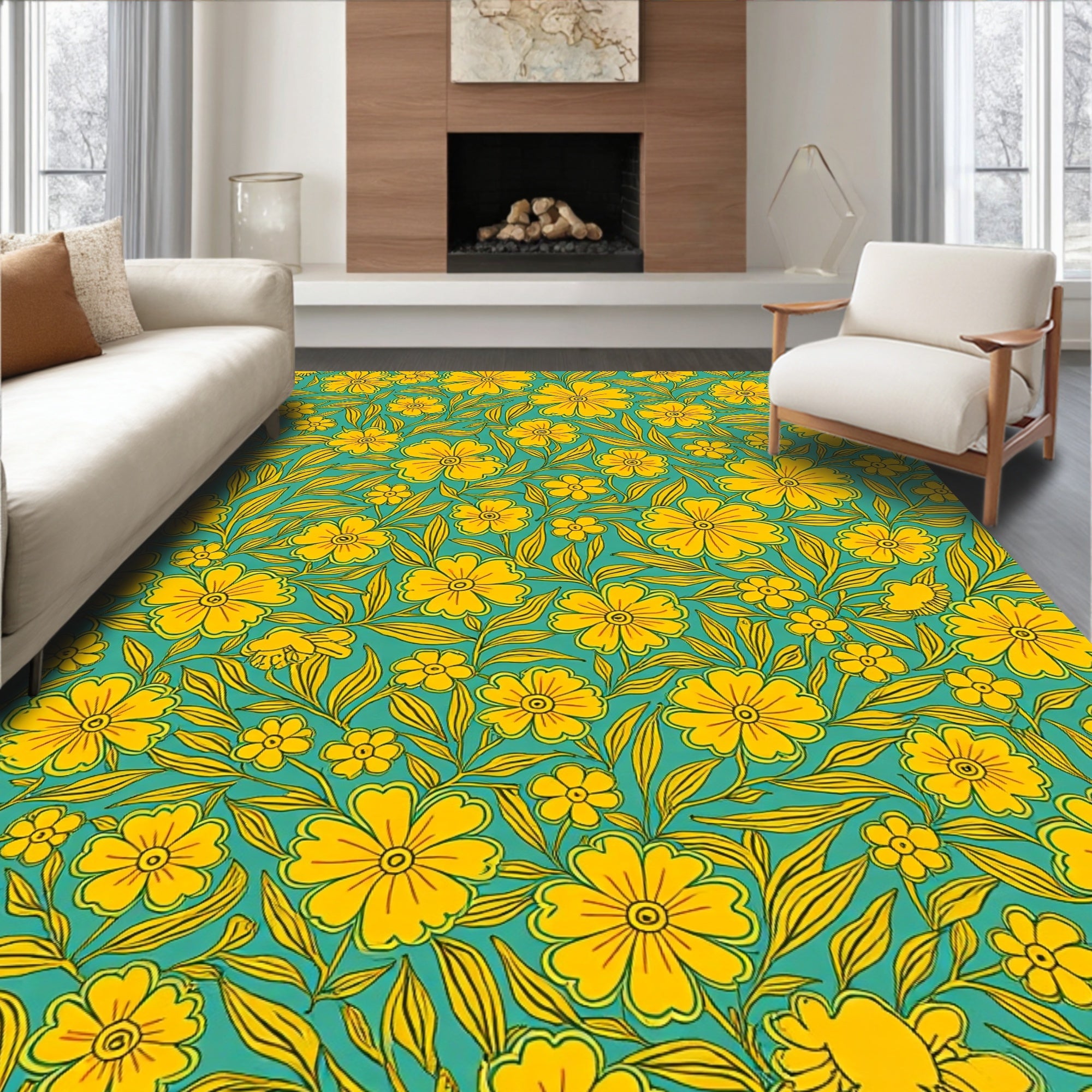 Yellow Floral Vines Teal Design Rug