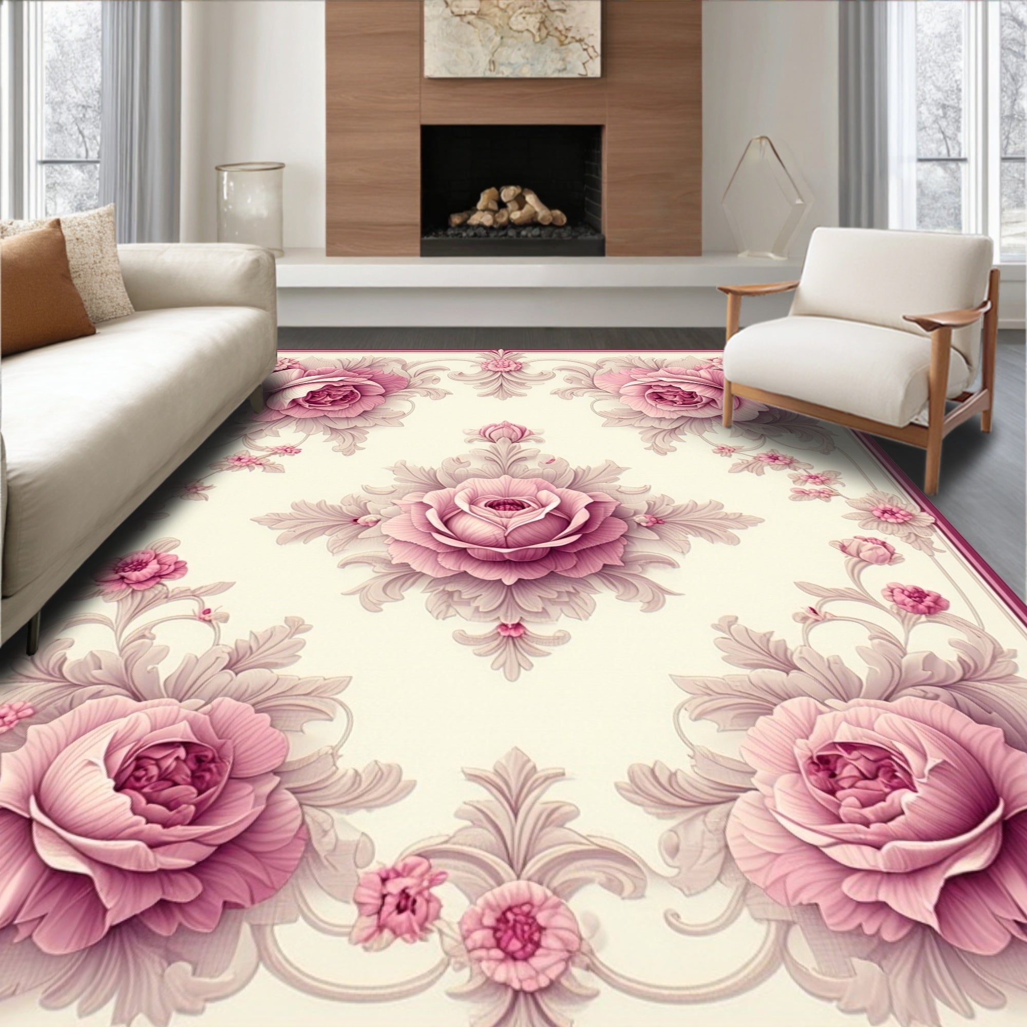 Ornate Floral Scrollwork Rose Design Rug