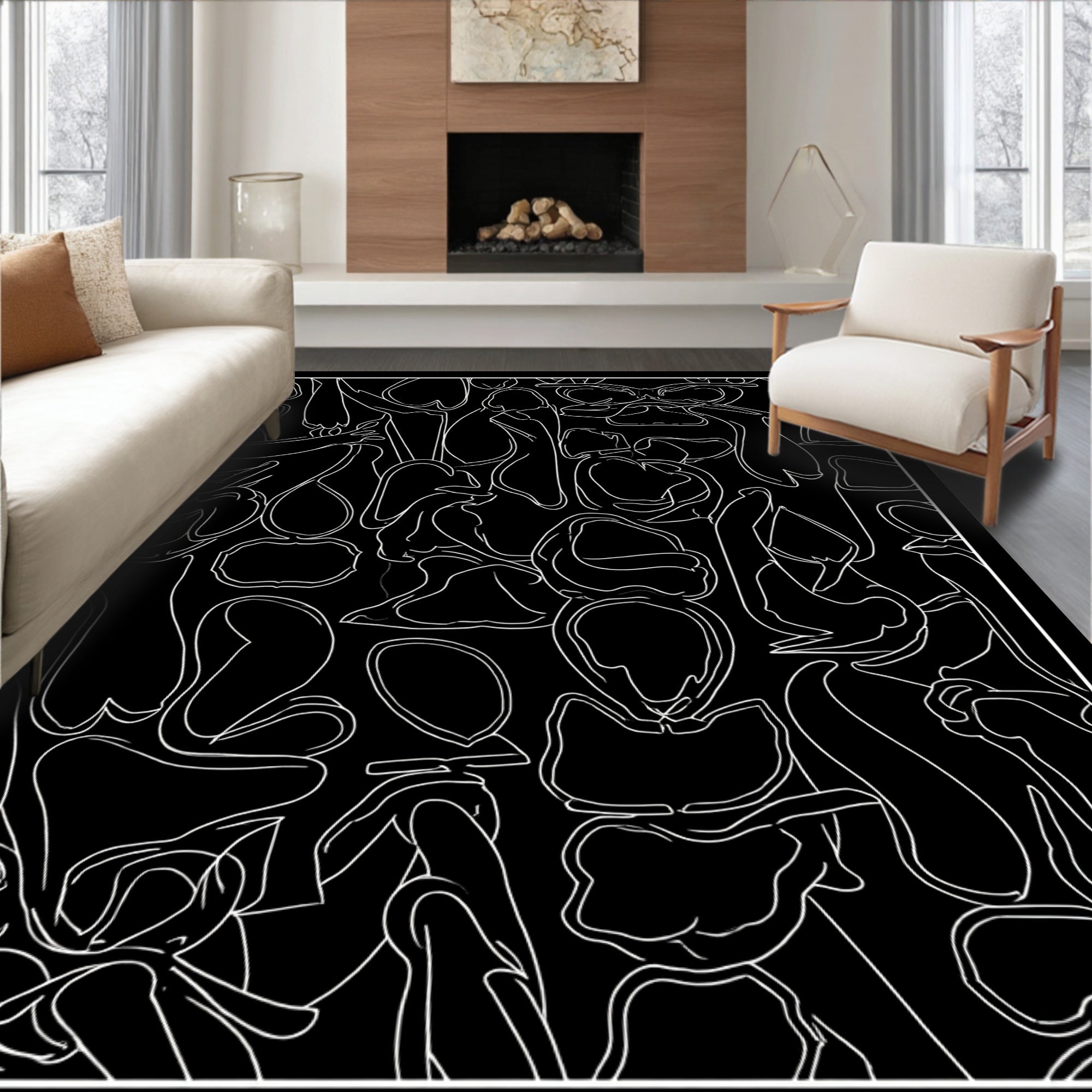 Abstract White Line Art Collage Rug