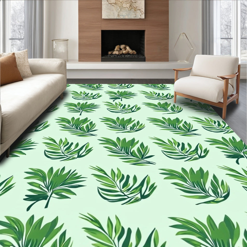 Vibrant Green Tropical Leaf Pattern Rug