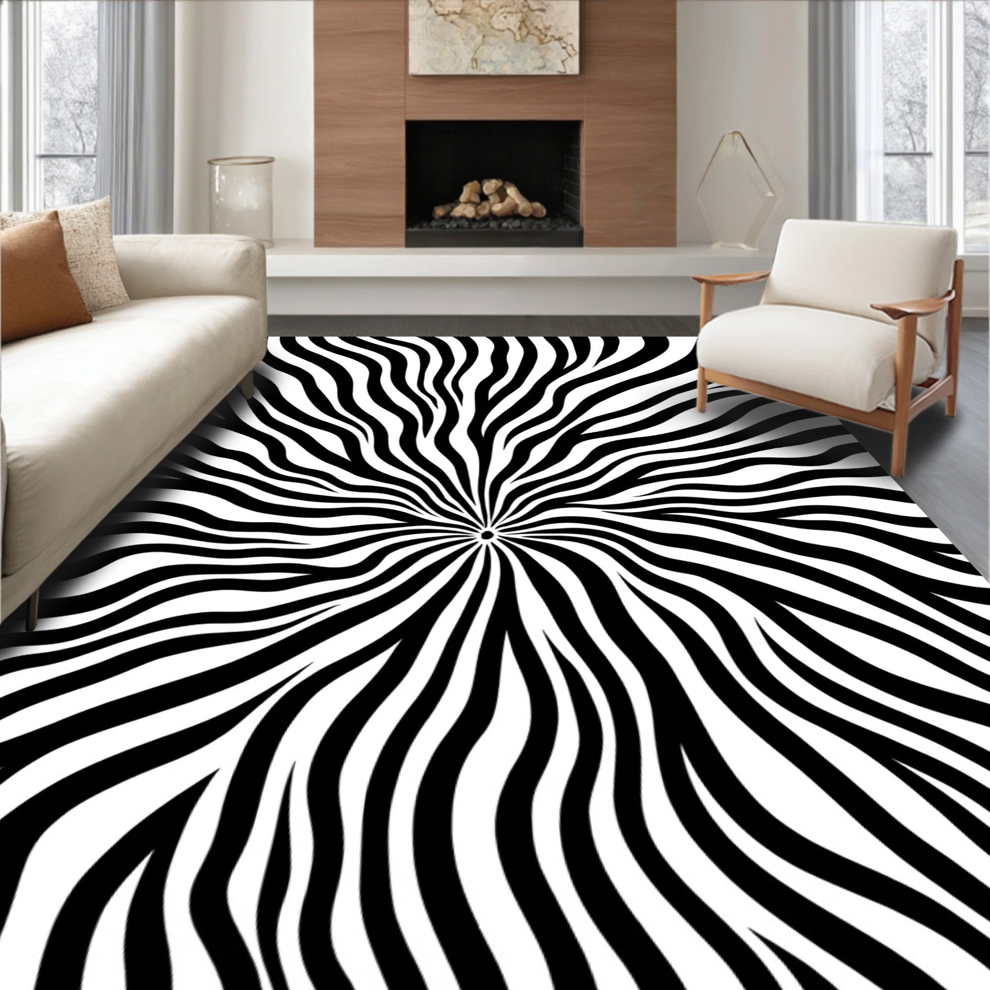 Abstract Black White Wavy Lines Rug
