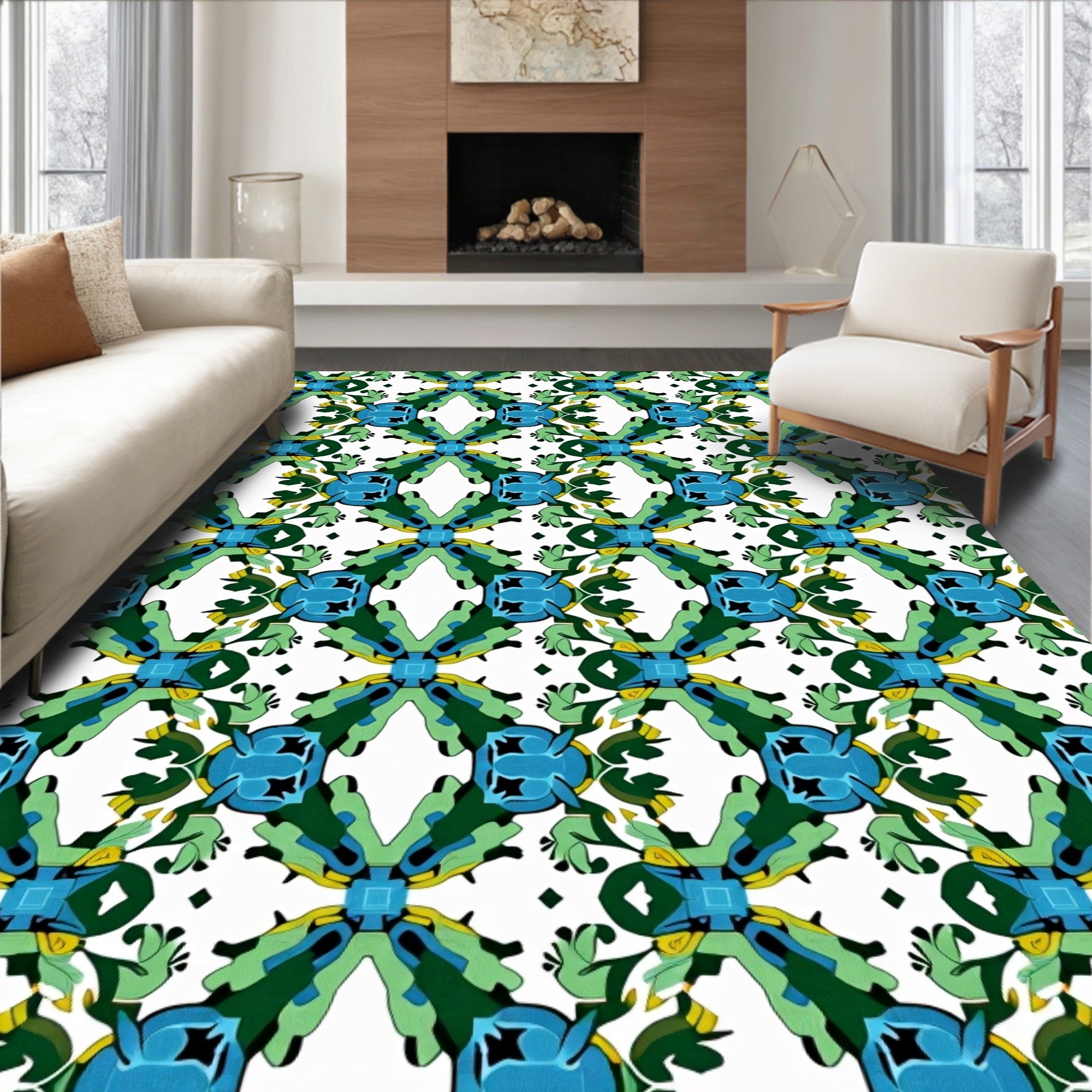 Bold Blue Green Abstract Tile Rug
