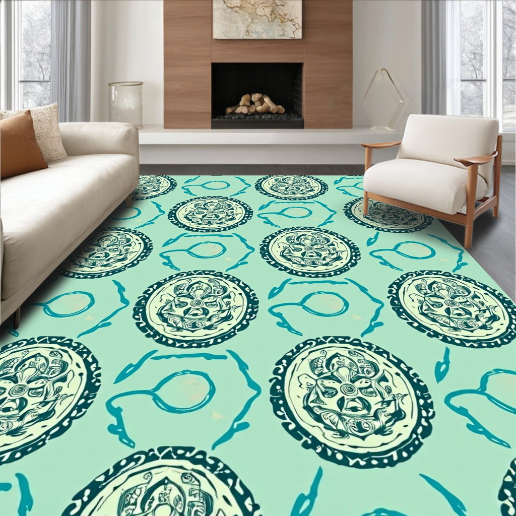 Intricate Teal Medallion Floral Pattern Rug