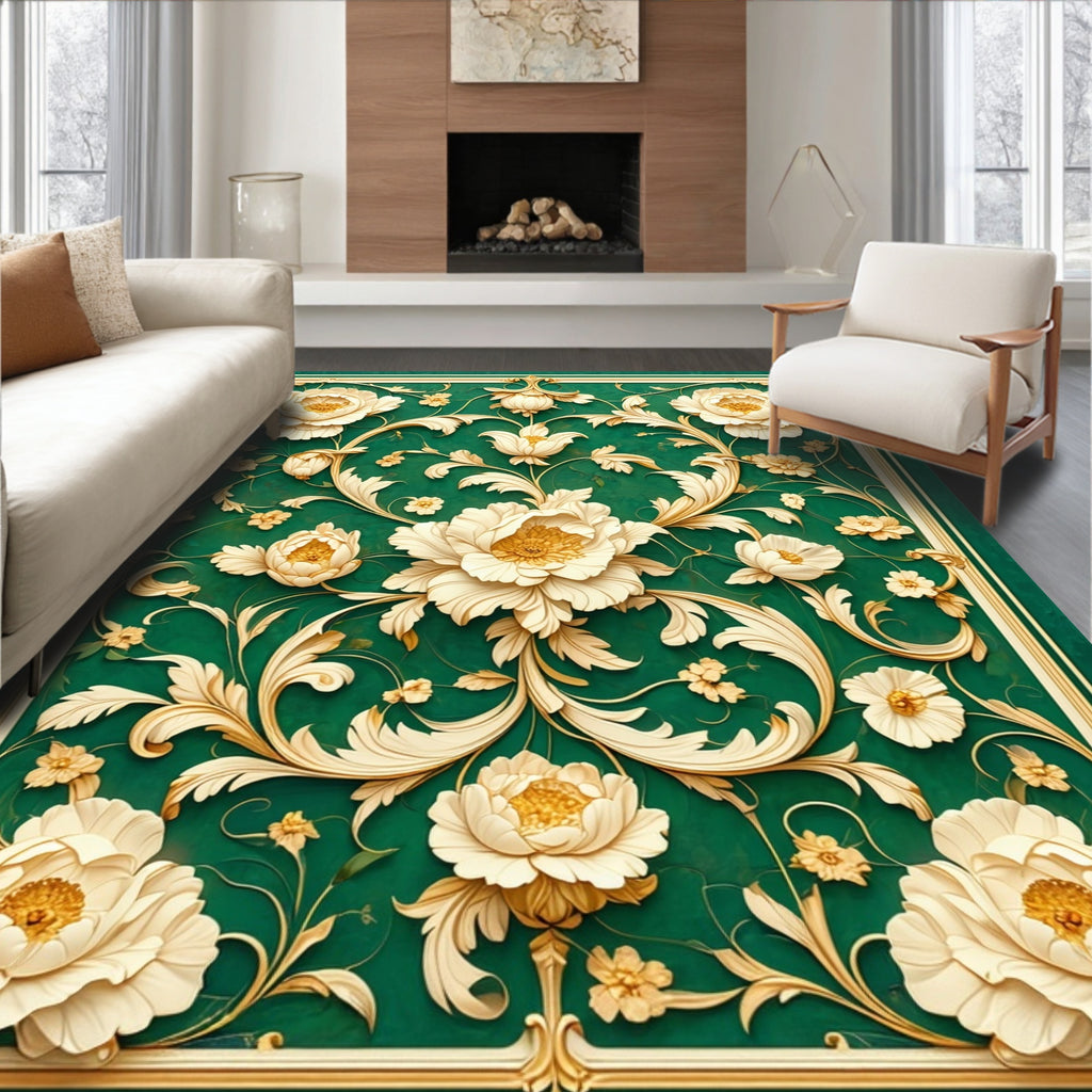 Grand Floral Emerald Gold Ornament Pattern Rug