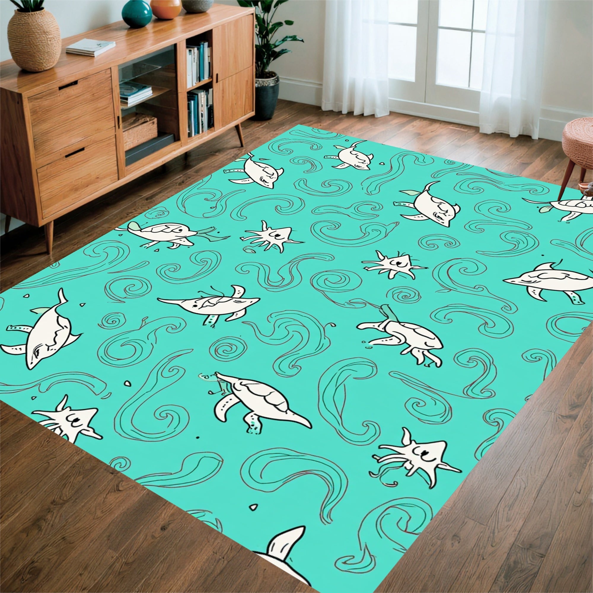 Oceanic Animals Playful Swirls Pattern Rug