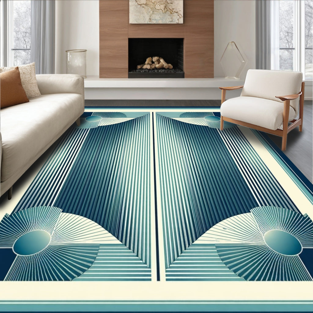 Art Deco Blue Geometric Burst Design Rug