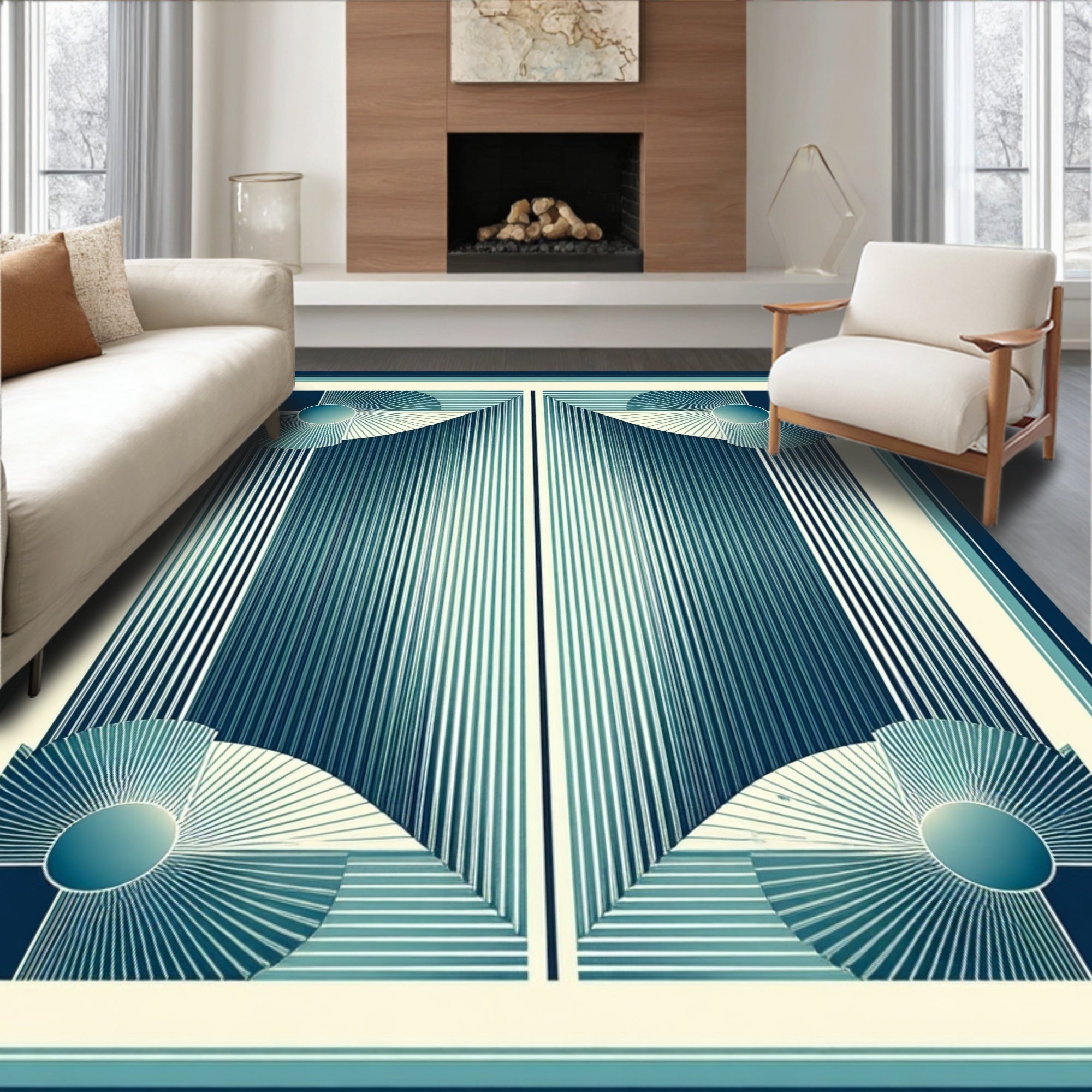 Art Deco Blue Geometric Burst Design Rug