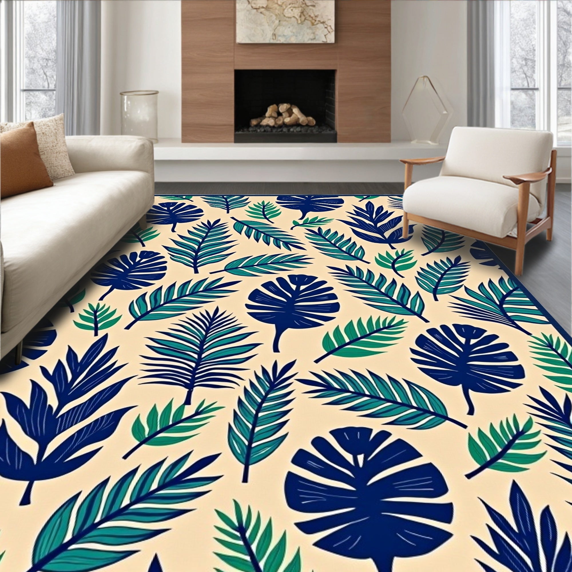 Tropical Leaf Collage Navy Teal Ivory Rug