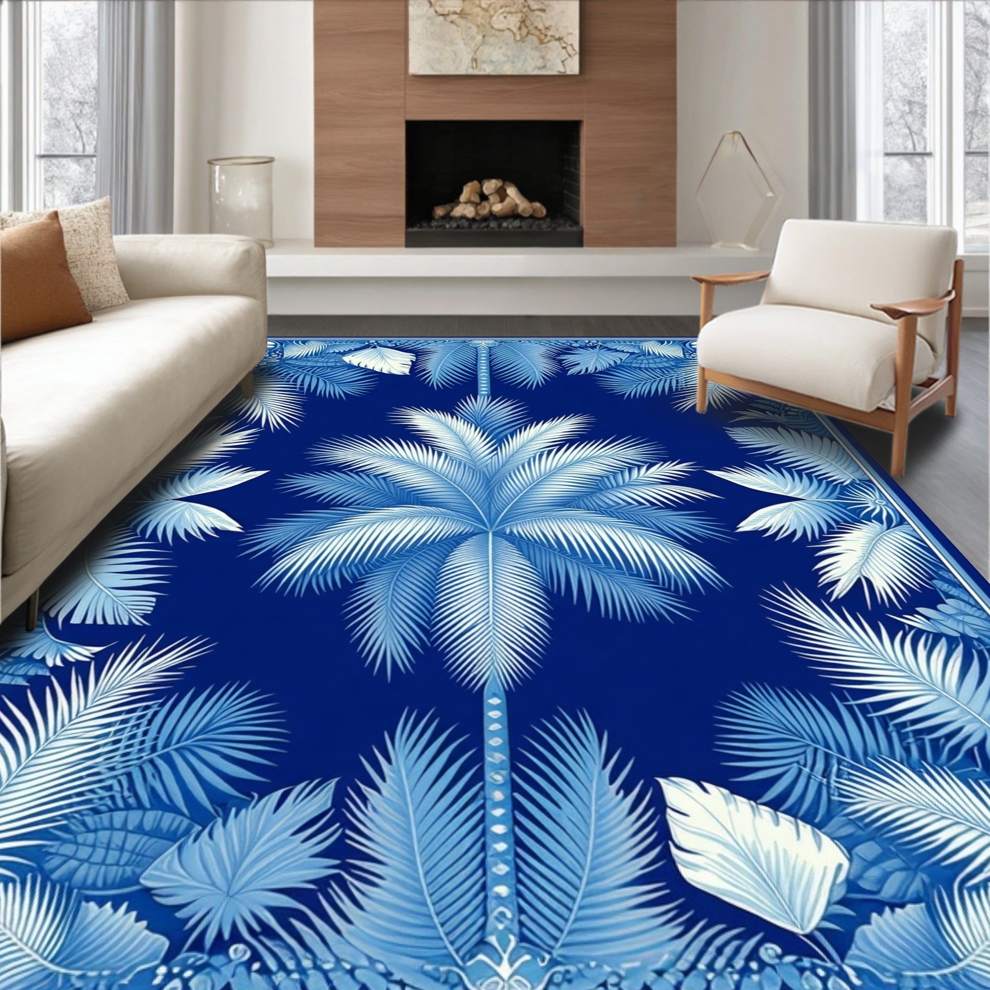Blue White Tropical Botanical Pattern Rug