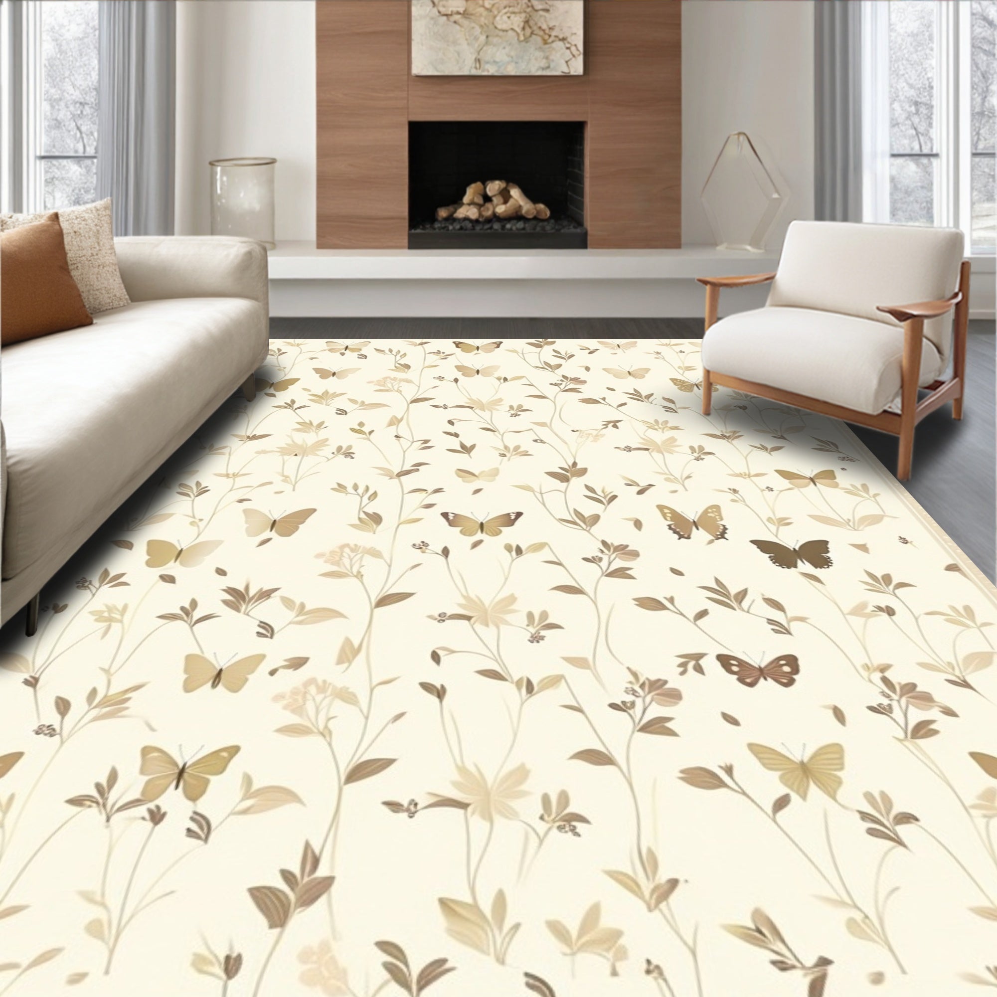 Neutral Butterfly Vine Pattern Rug