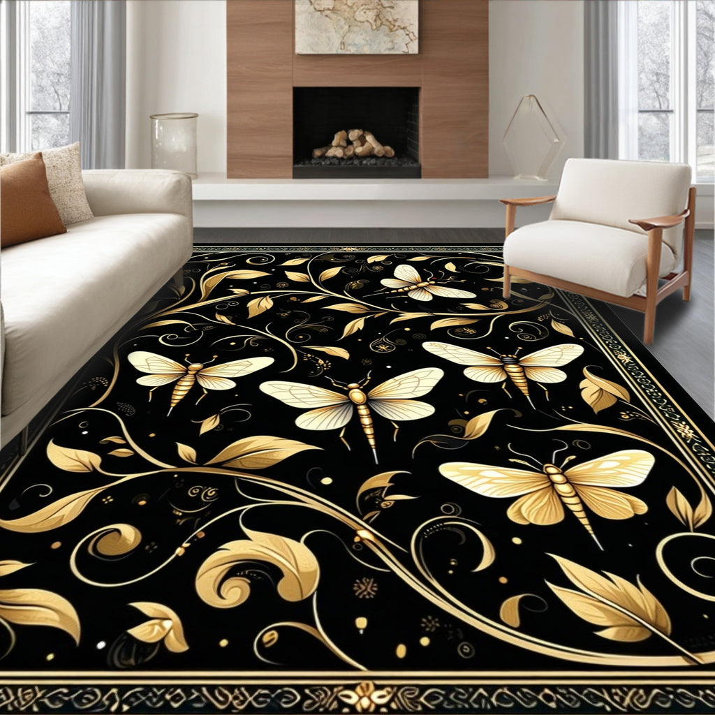 Golden Insect Leaf Art Nouveau Rug