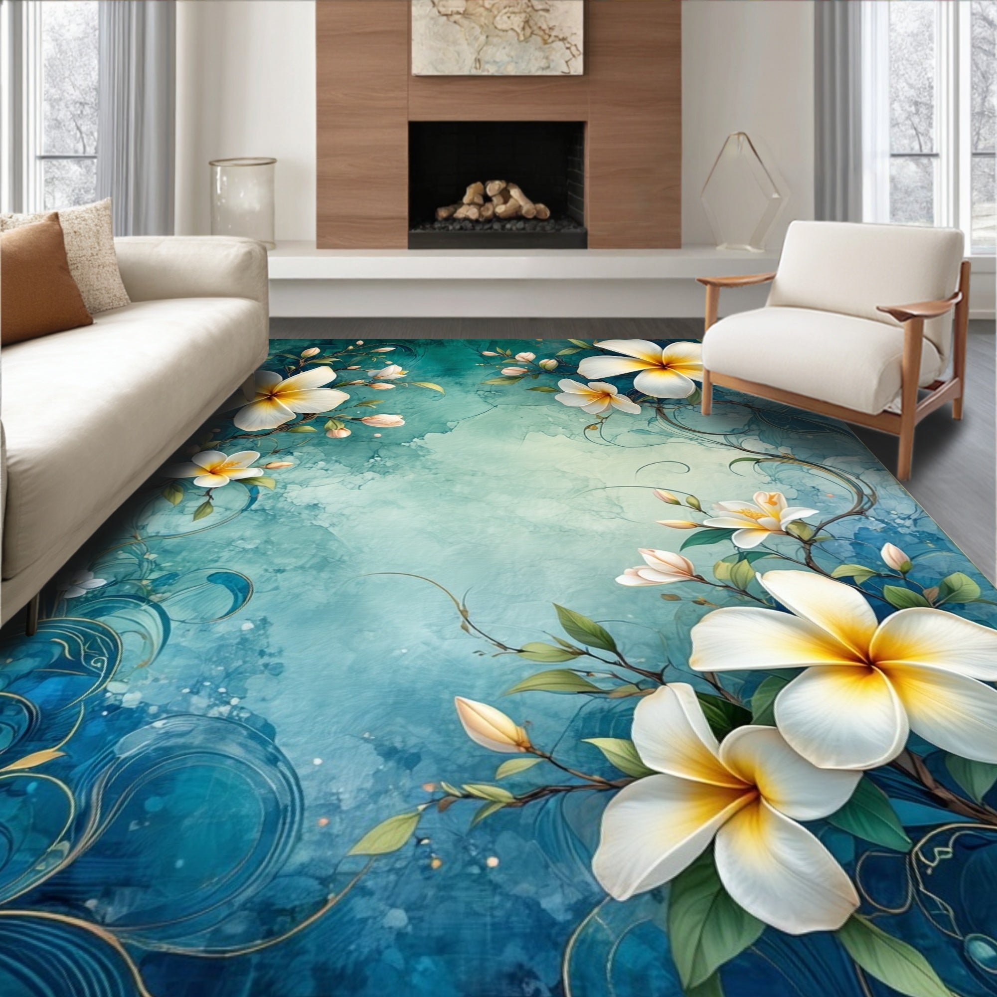 White Bloom Floral Teal Swirl Design Rug
