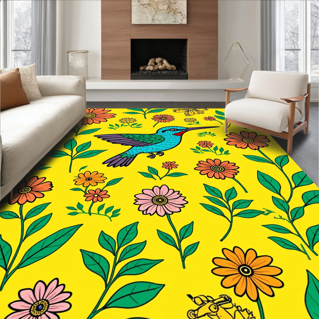 Vibrant Hummingbird And Floral Pattern Rug