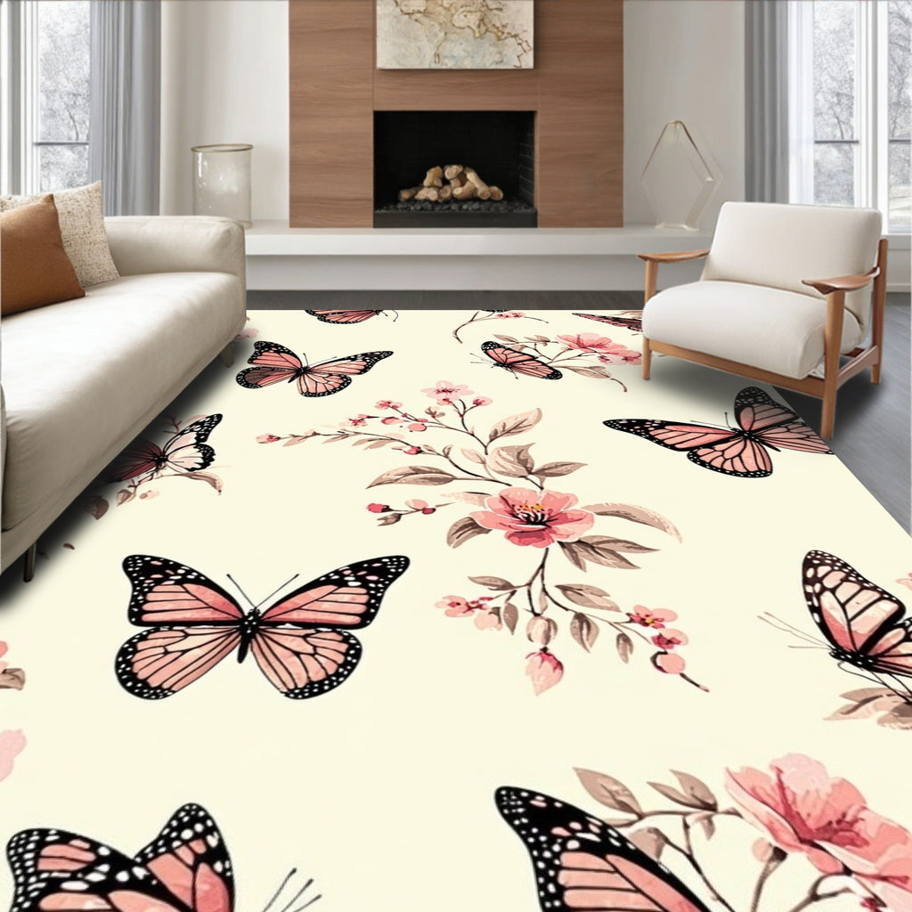 Delicate Pink Butterfly Floral Pattern Rug