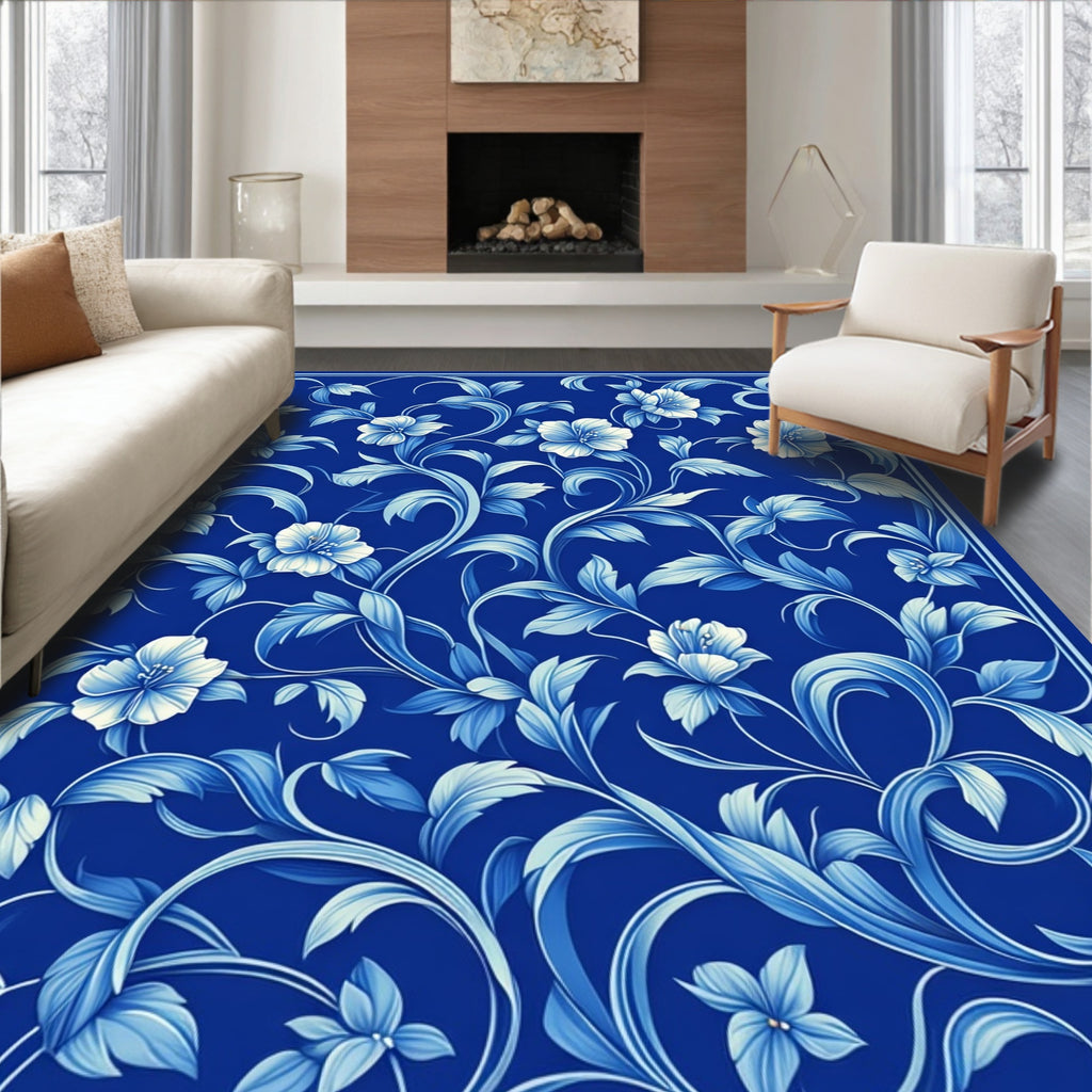 Elegant Blue Floral Vine Pattern Rug