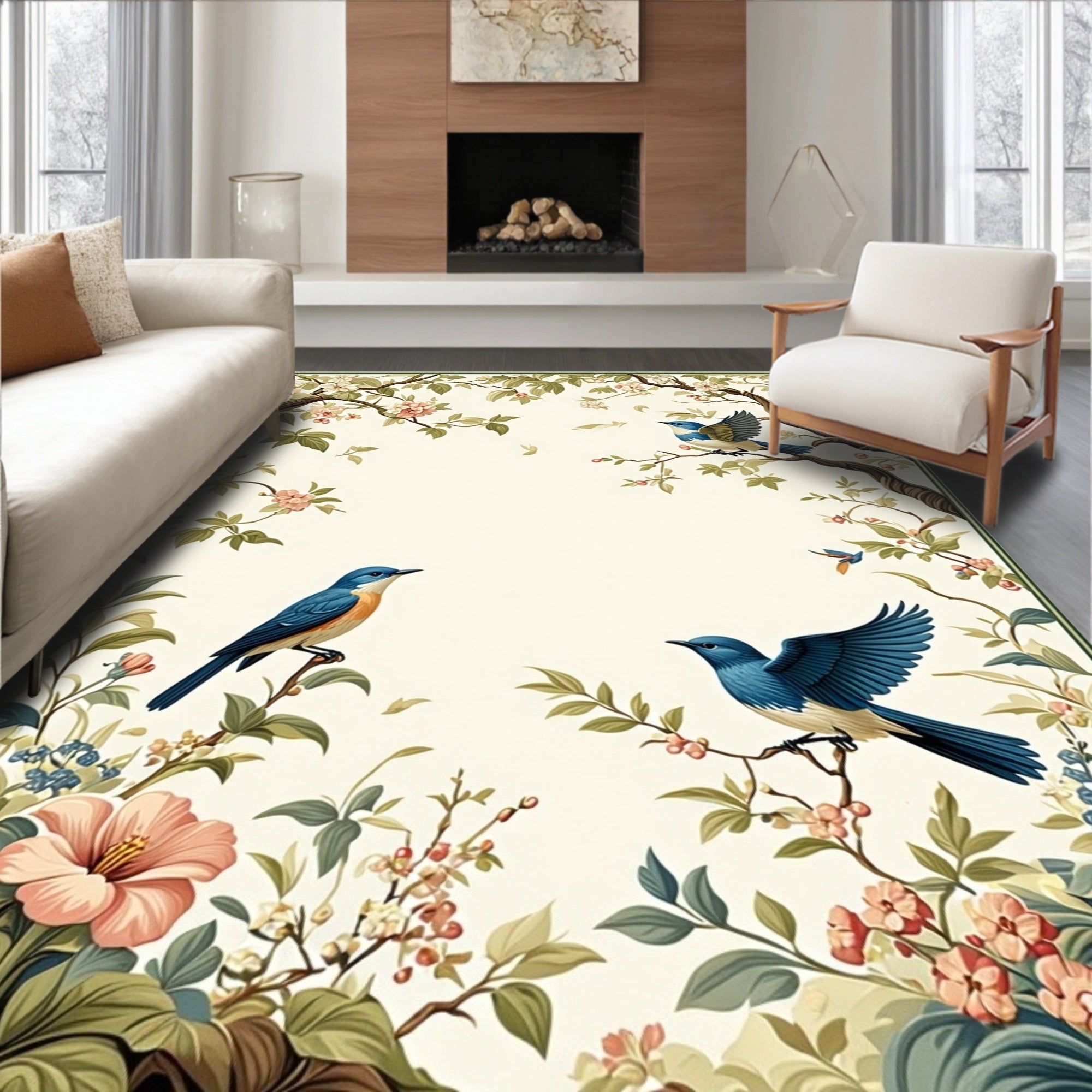 Nature Birds Floral Branches Design Rug