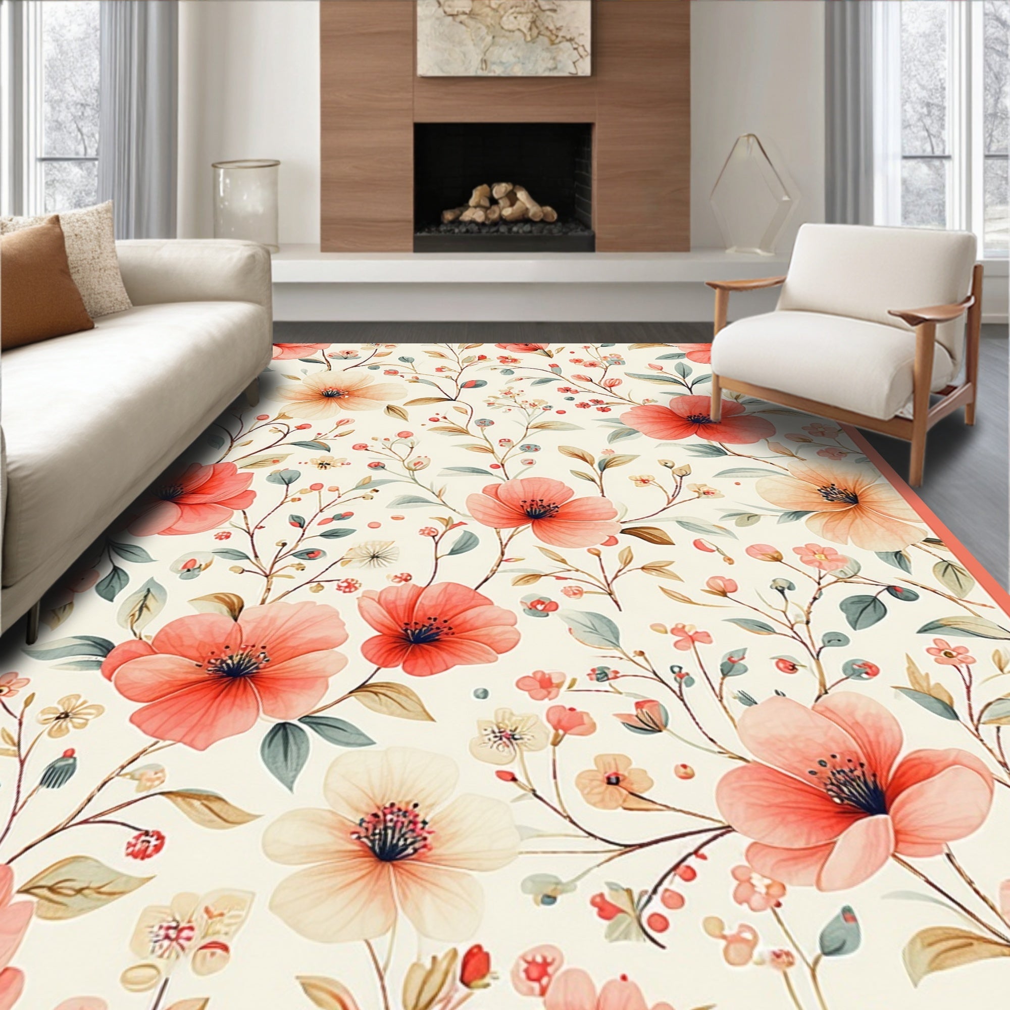 Coral Floral Vine Pattern Rug