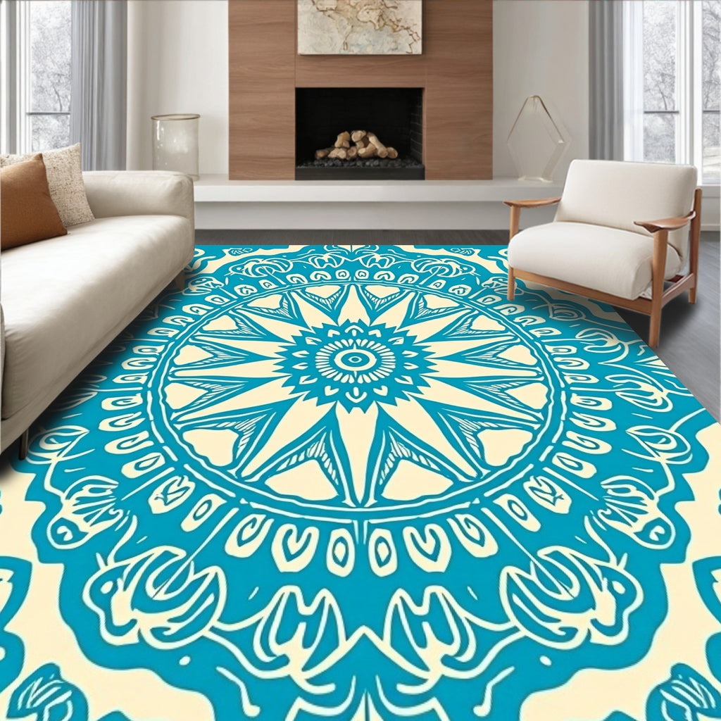 Teal Cream Intricate Mandala Pattern Rug