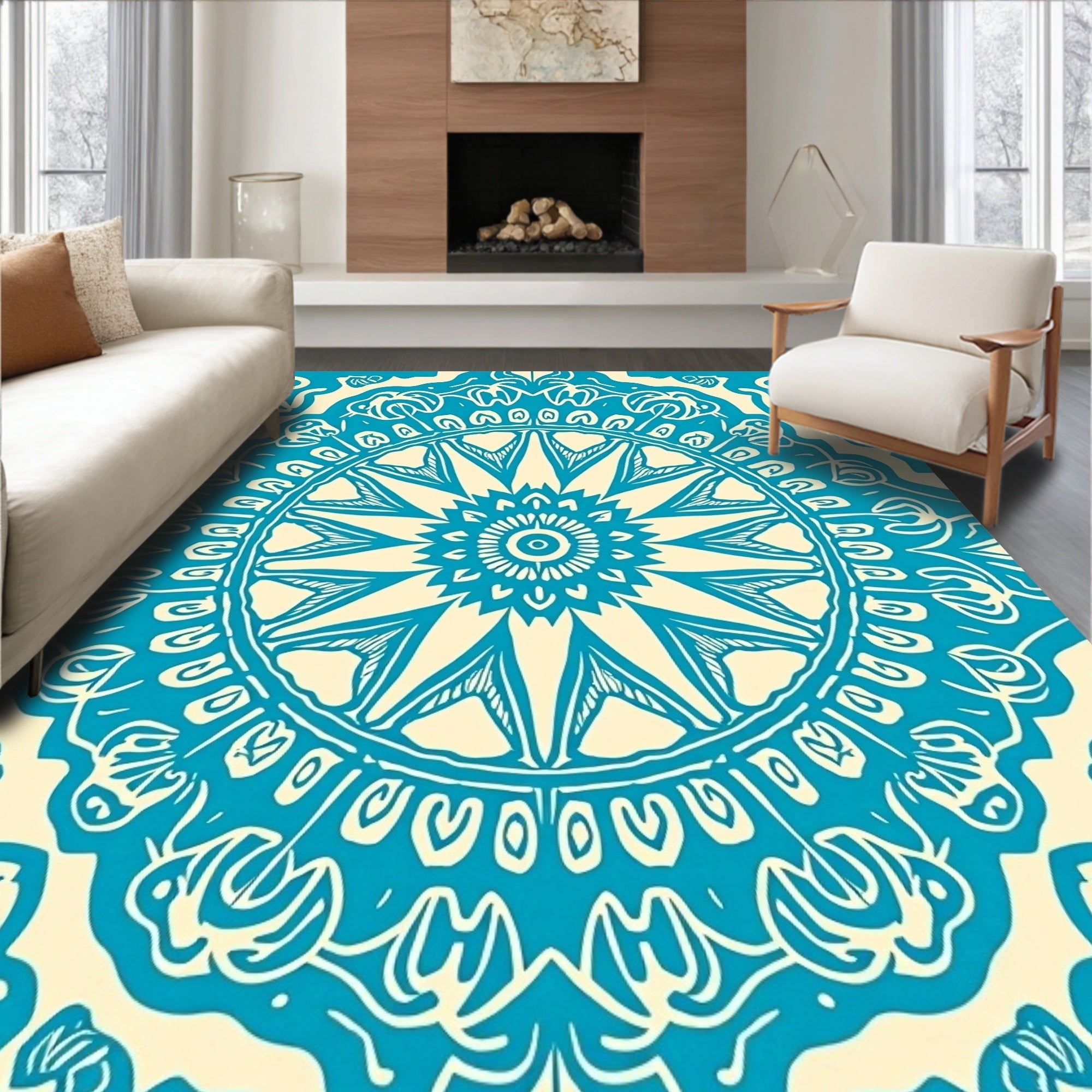 Teal Cream Intricate Mandala Pattern Rug