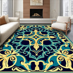 Ornate Floral Teal Gold Pattern Rug