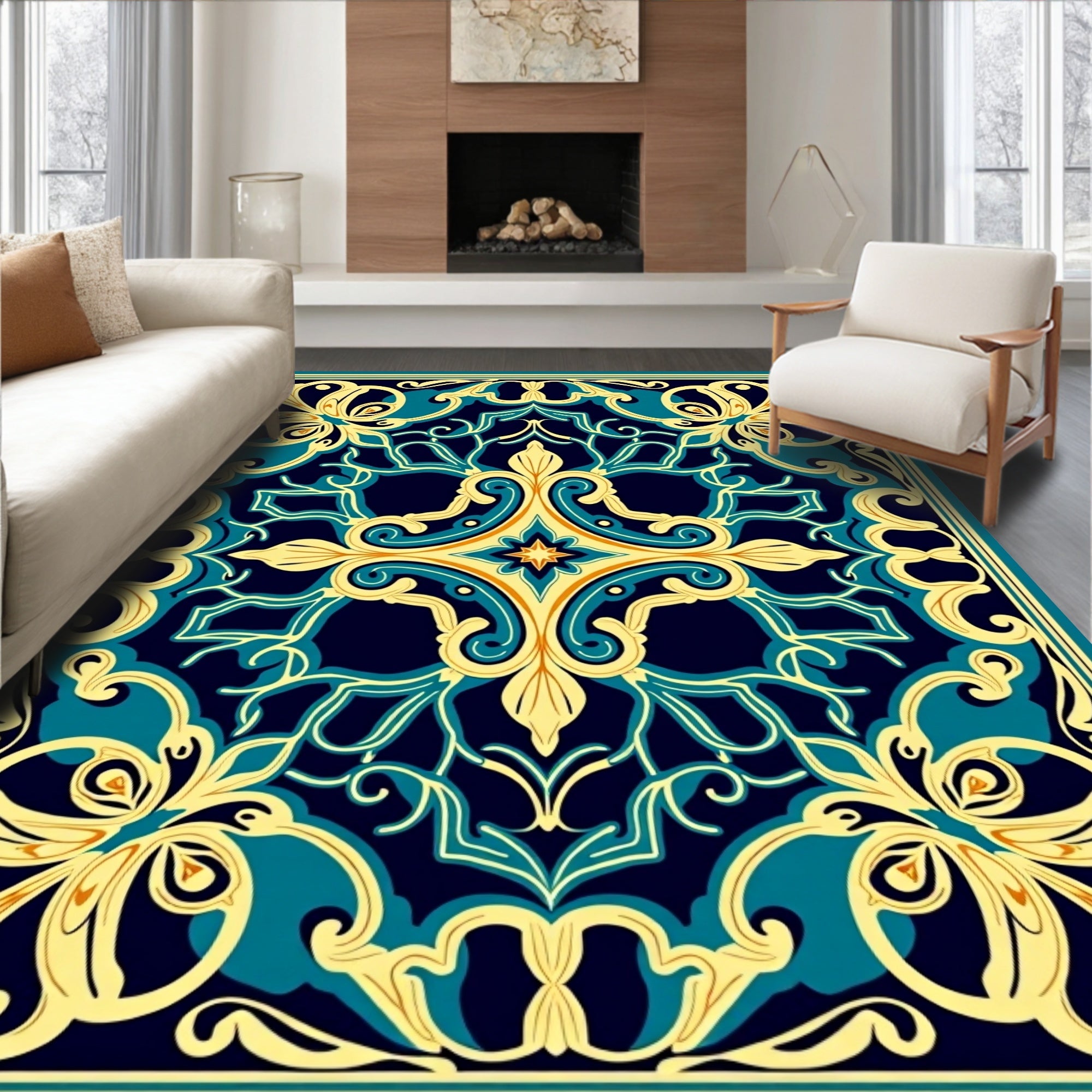 Ornate Floral Teal Gold Pattern Rug