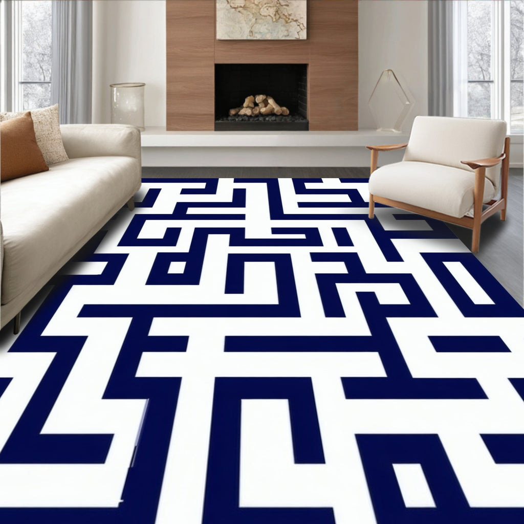 Navy White Geometric Labyrinth Lugs Rug