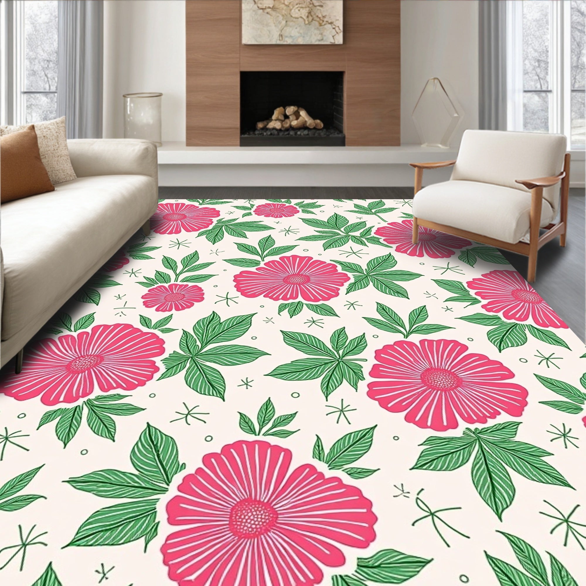 Vibrant Pink Floral Whimsical Pattern Rug