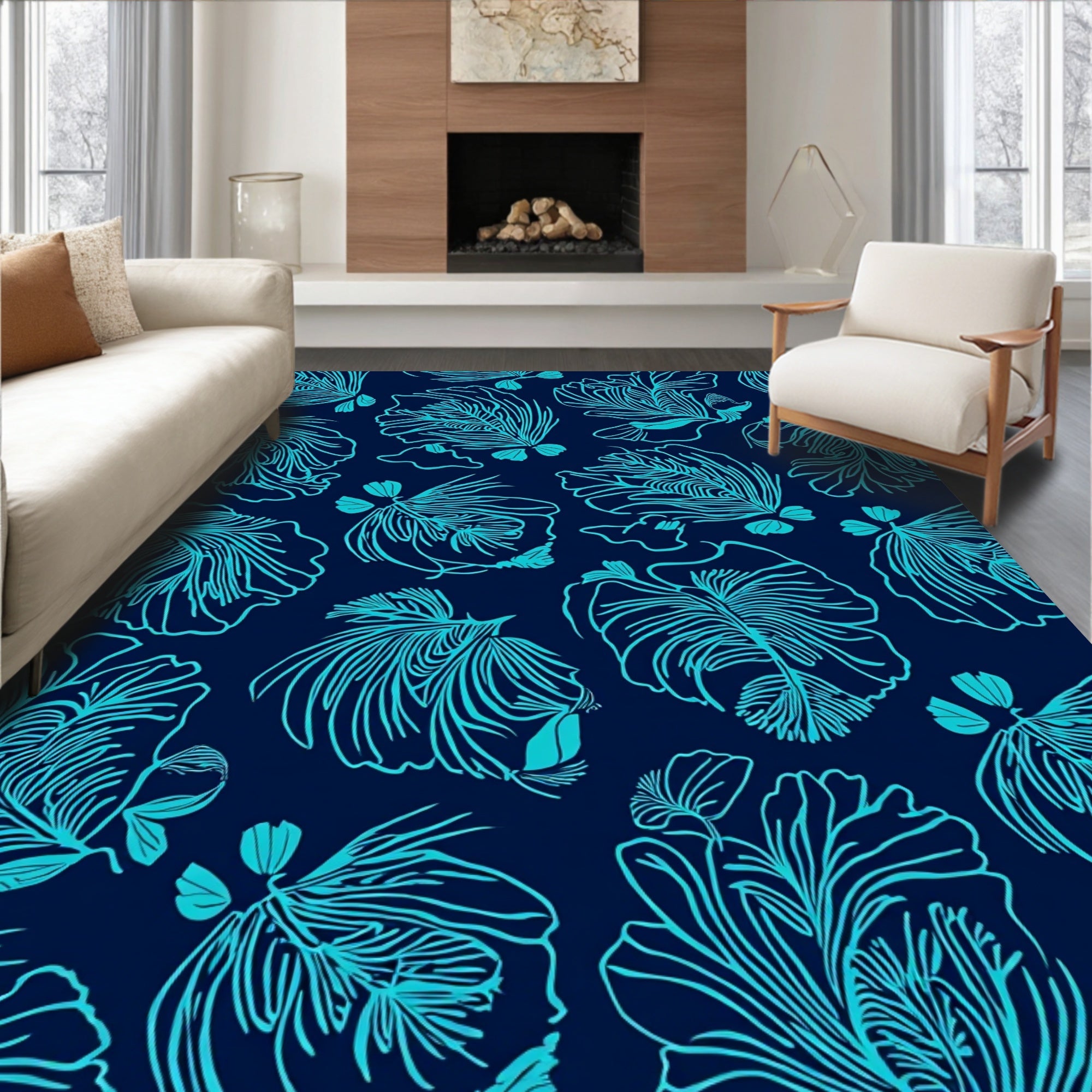 Aqua Floral Detailed Outline Rug