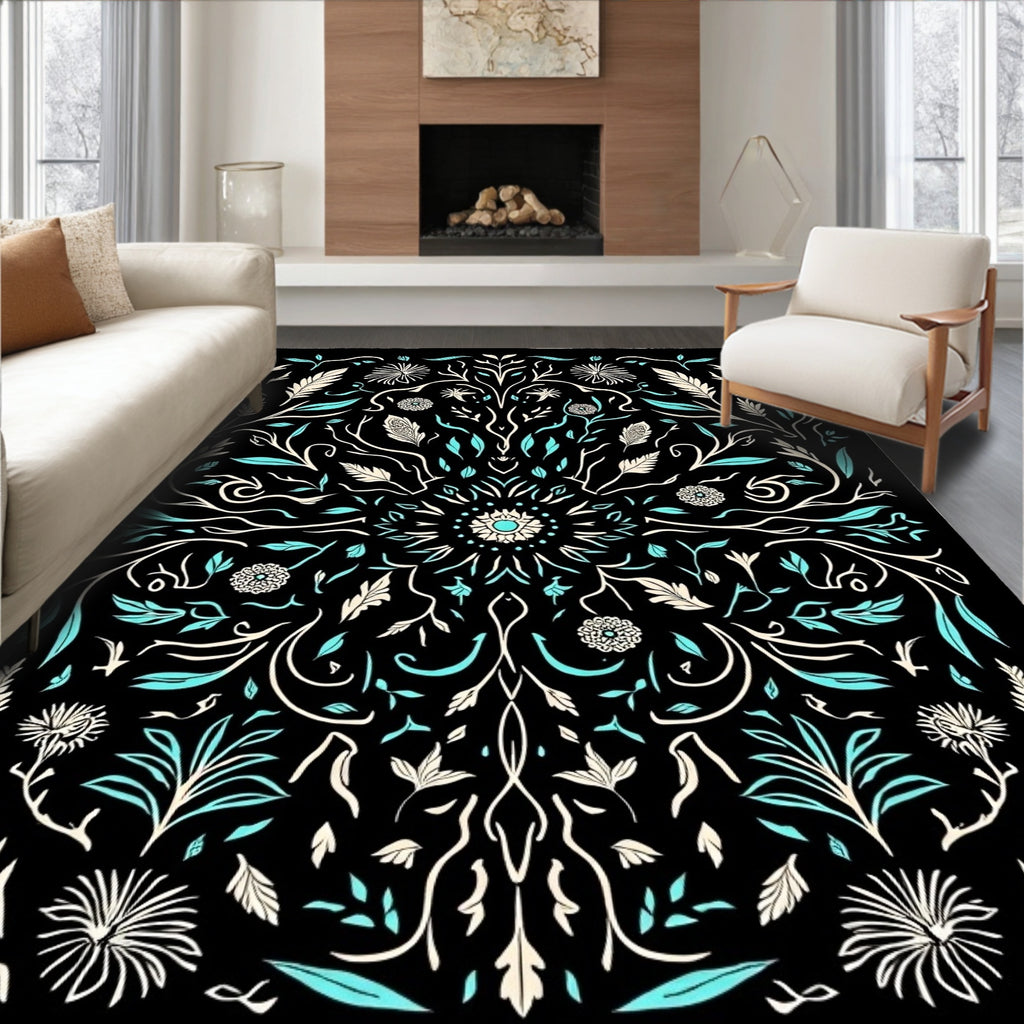 Botanical Swirl Cream Teal Design Rug