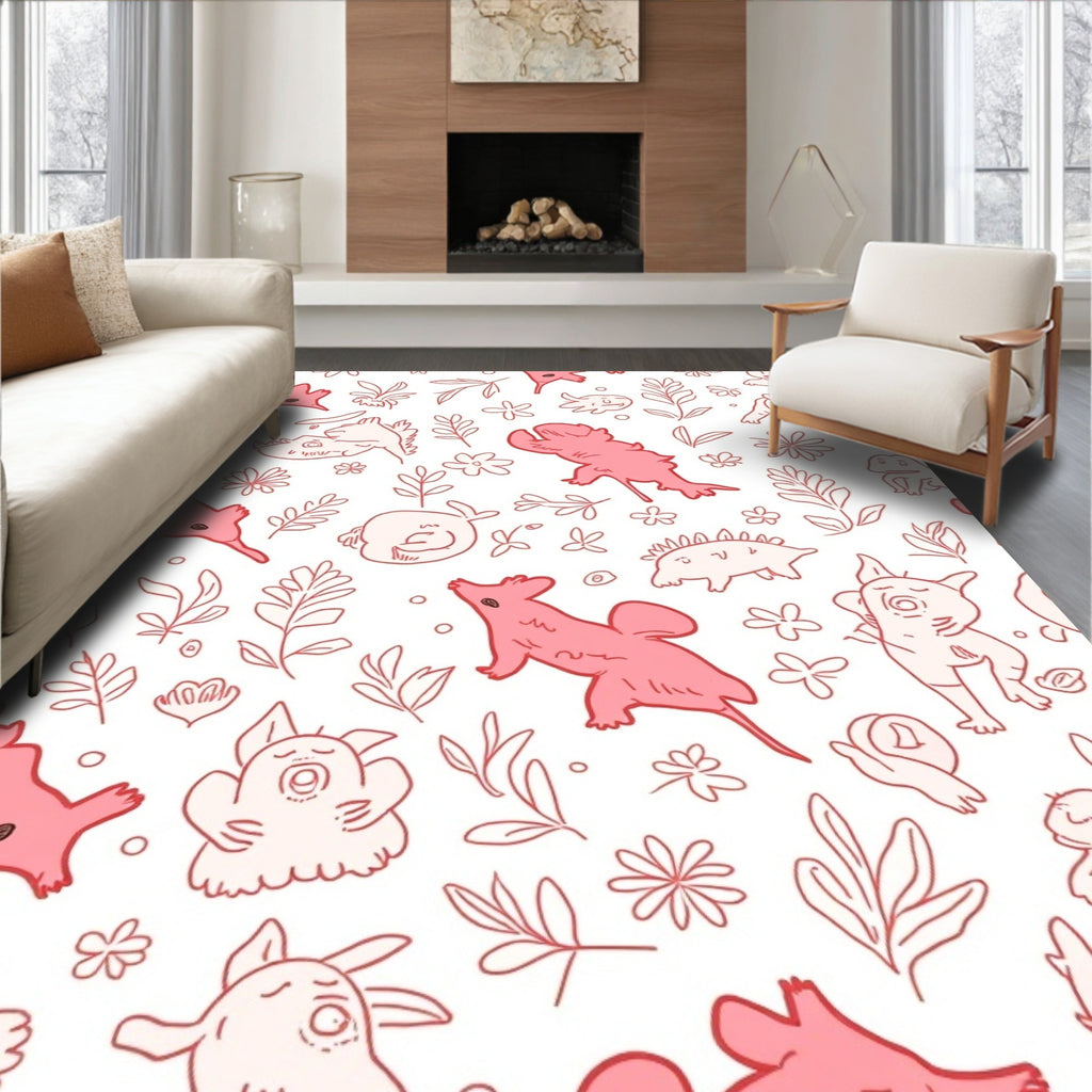 Playful Creatures Floral Illustration Rug