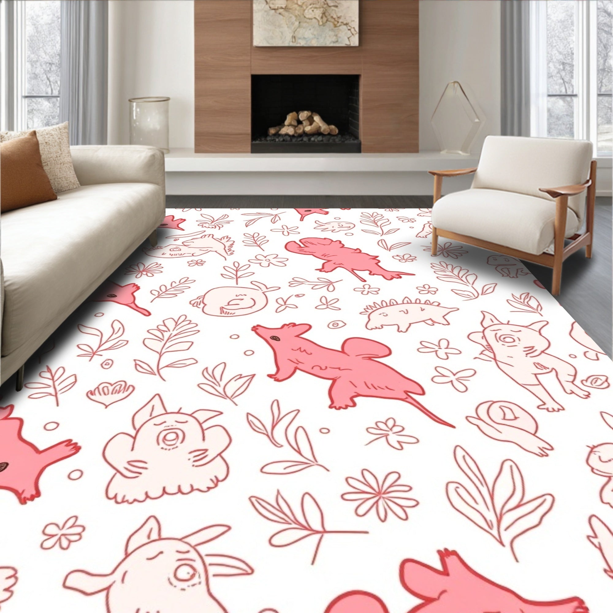 Playful Creatures Floral Illustration Rug