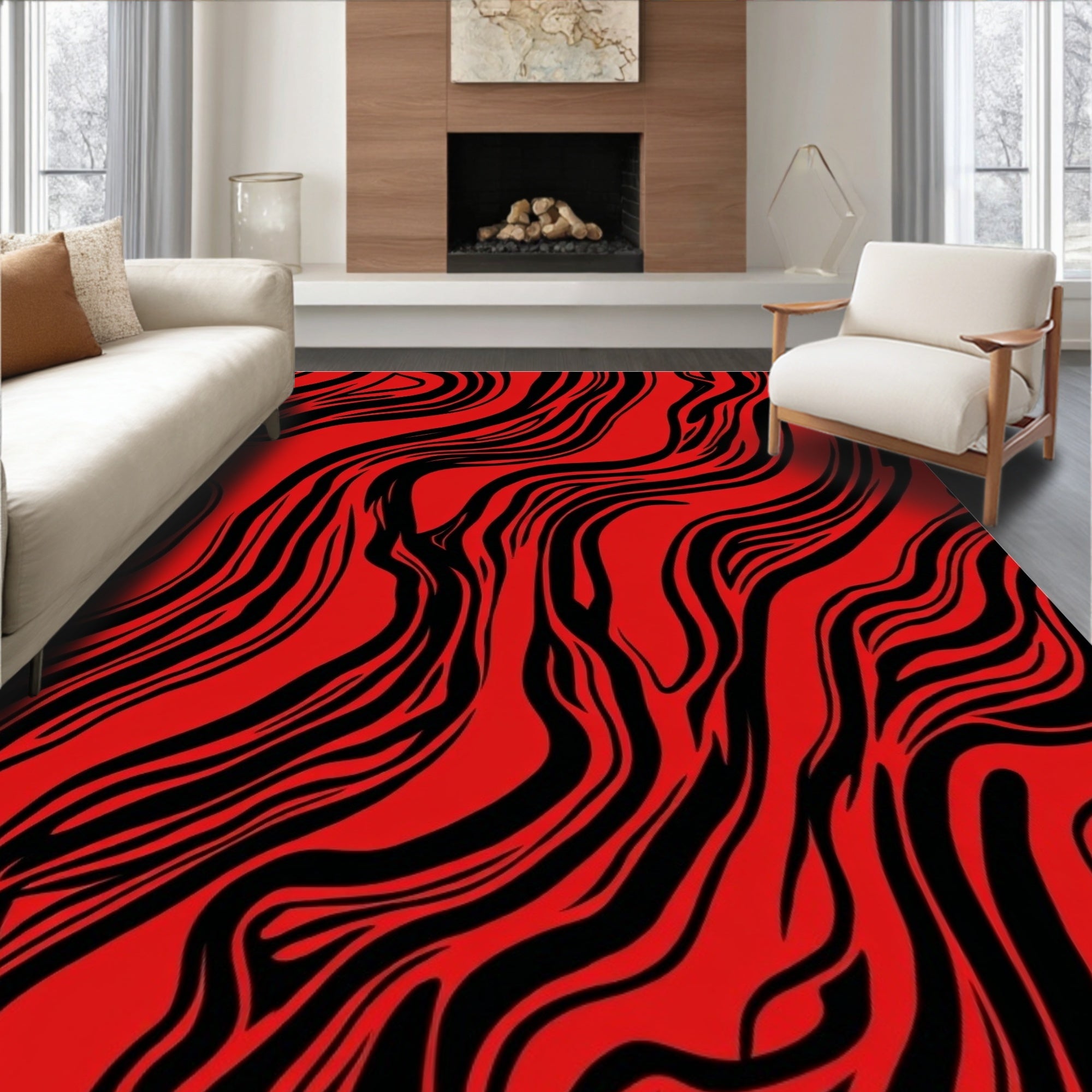Bold Red Black Abstract Swirls Rug