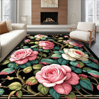 Vintage Rose Floral Black Pattern Rug