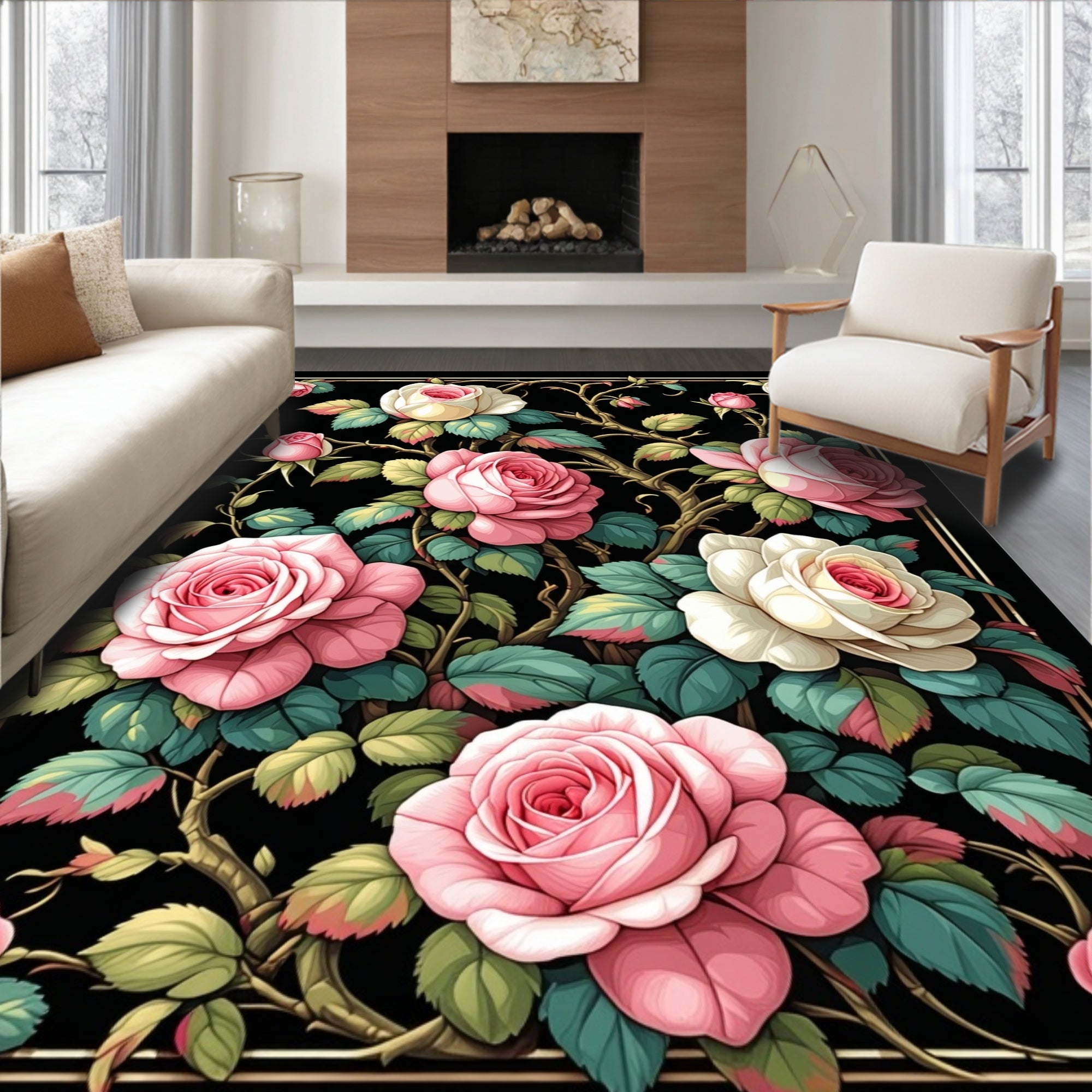 Vintage Rose Floral Black Pattern Rug
