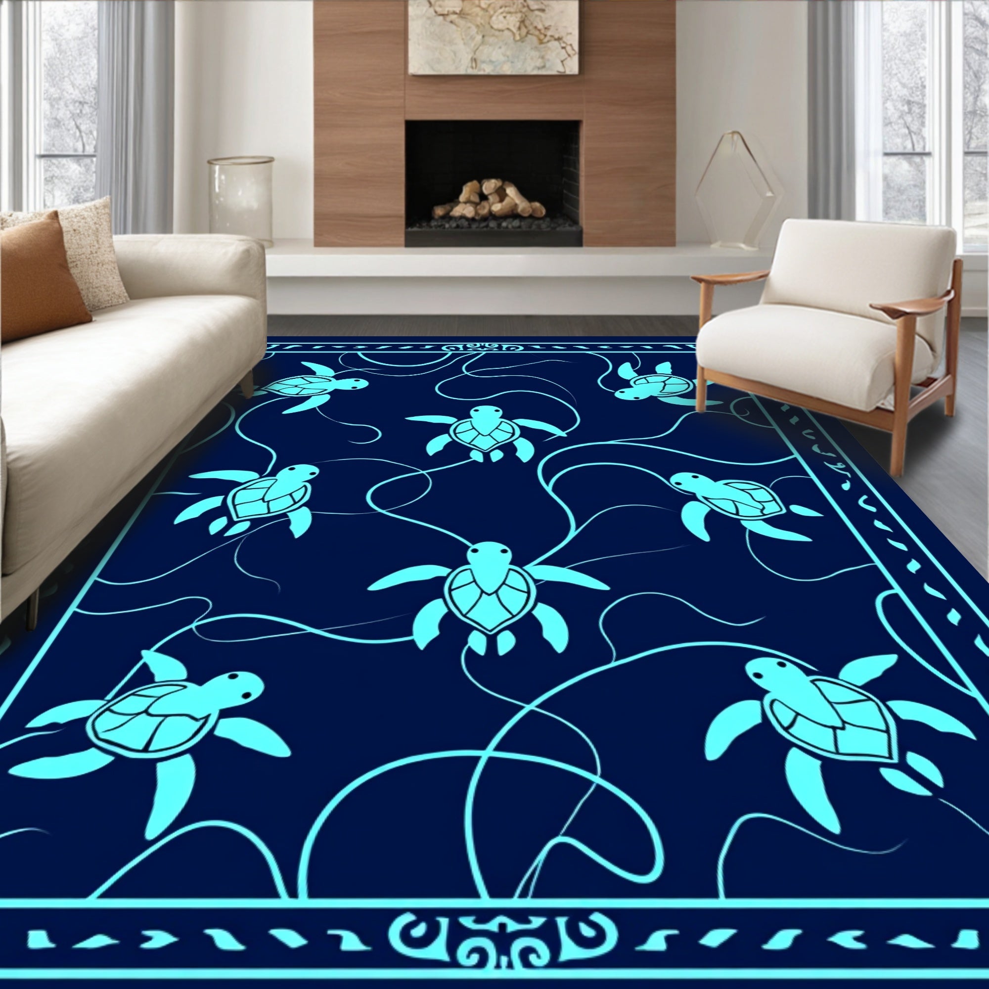 Nautical Turtle Marine Life Pattern Rug