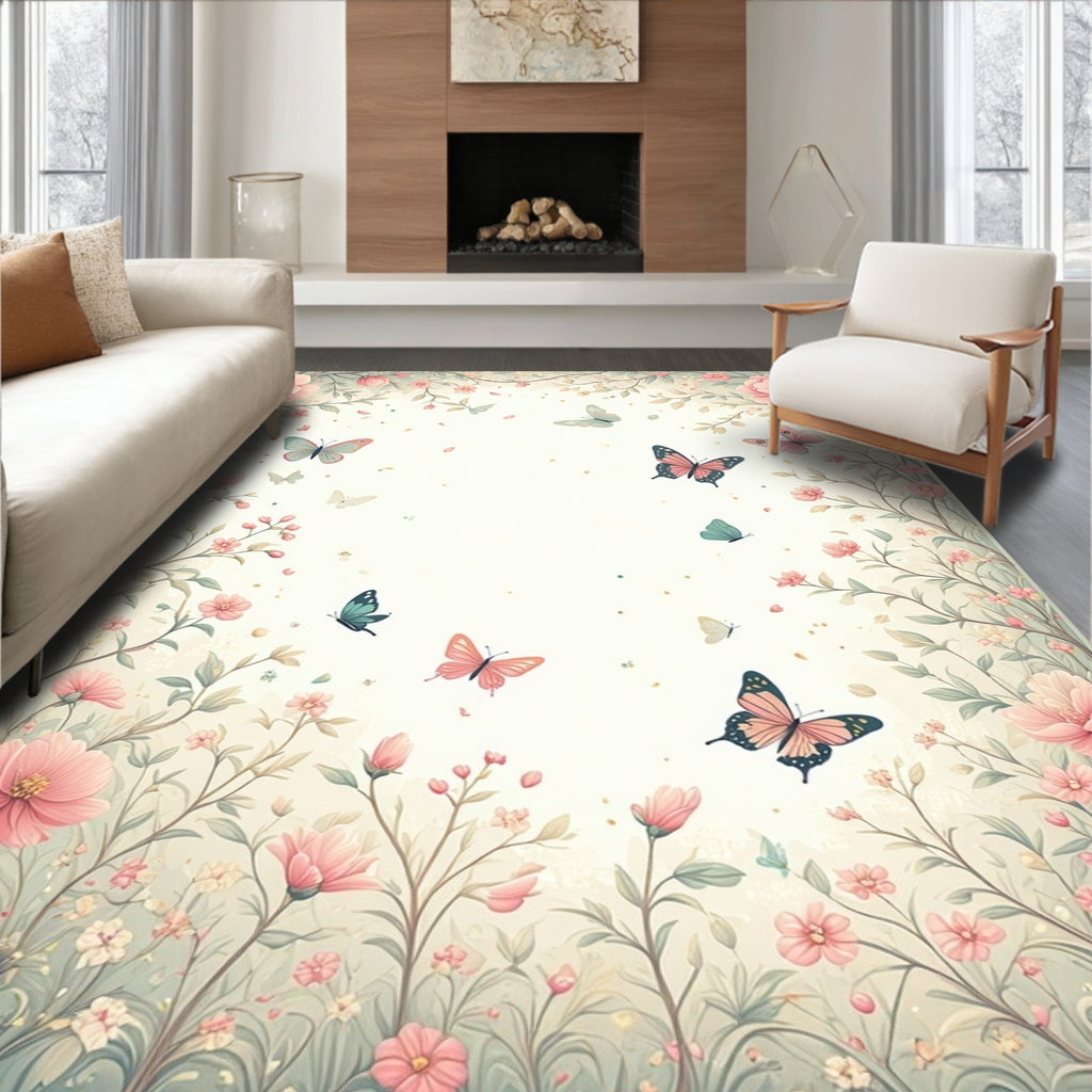 Pastel Floral Butterflies Pattern Rug