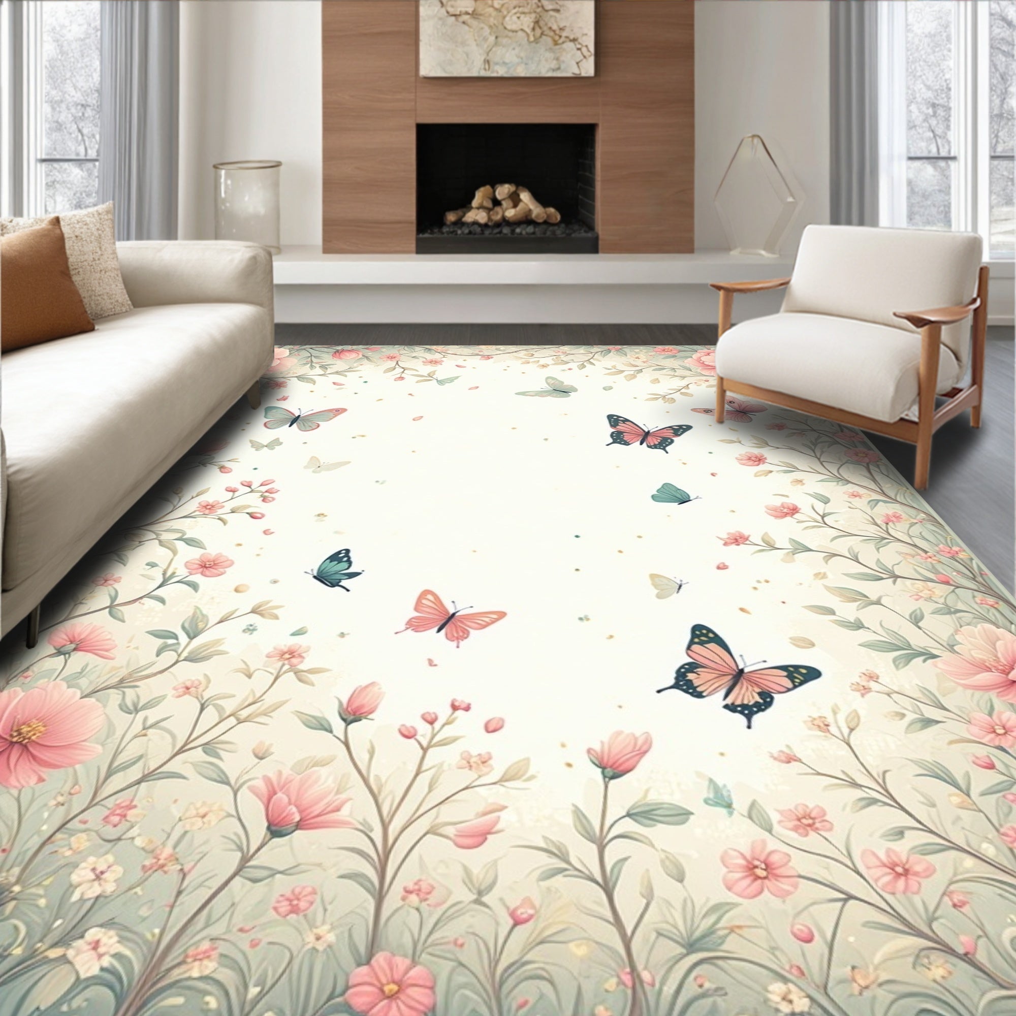 Pastel Floral Butterflies Pattern Rug