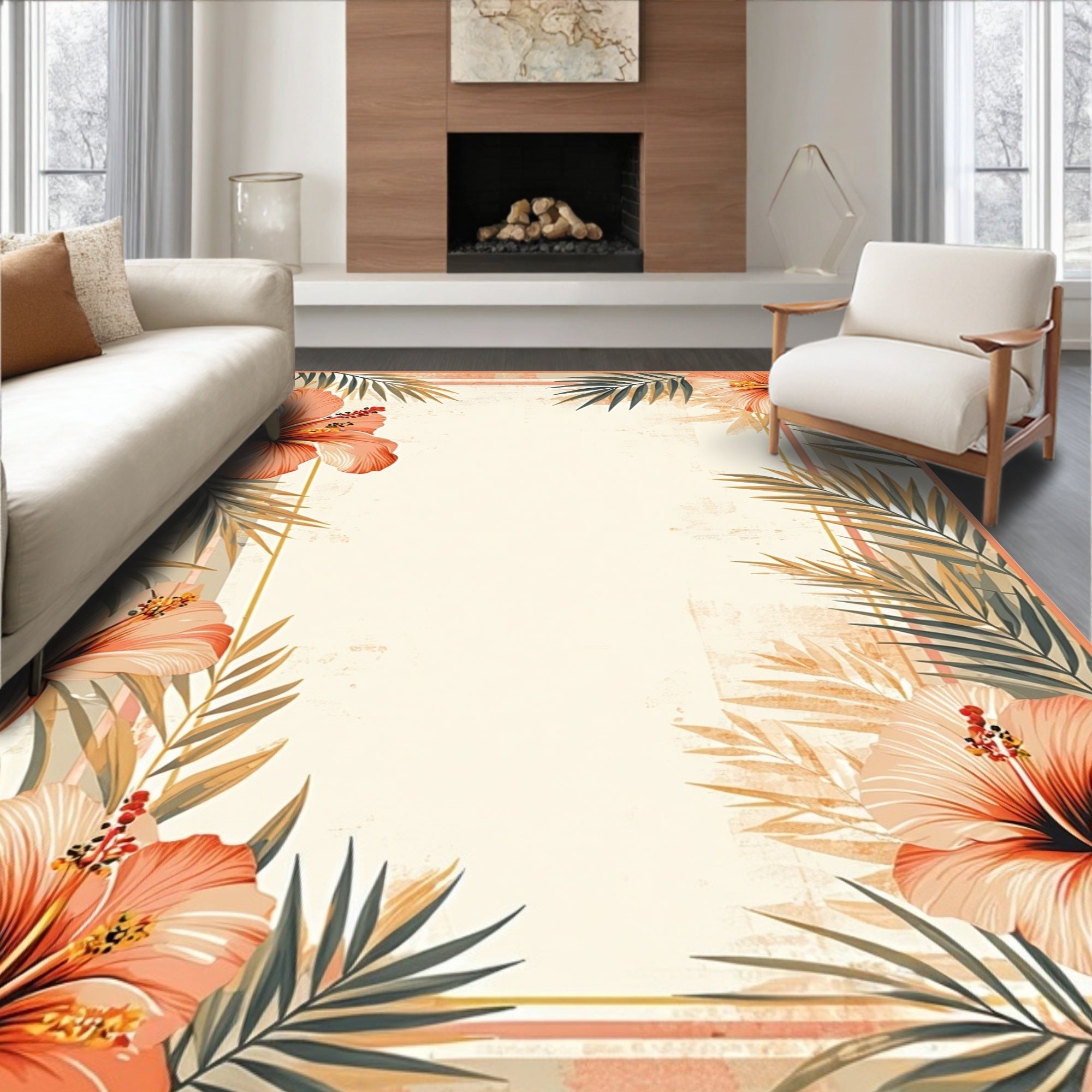 Coral Hawaiian Hibiscus Floral Arrangement Rug