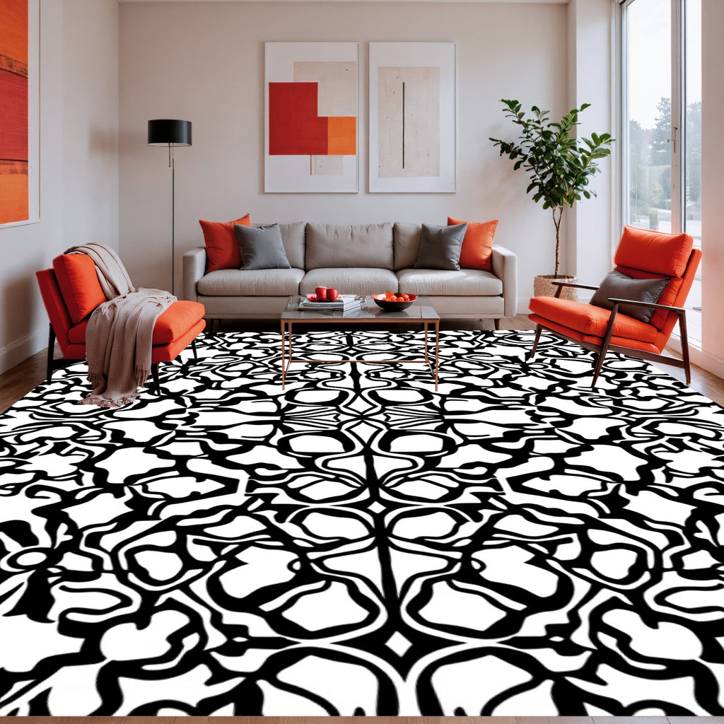 Intricate Black White Floral Pattern Rug