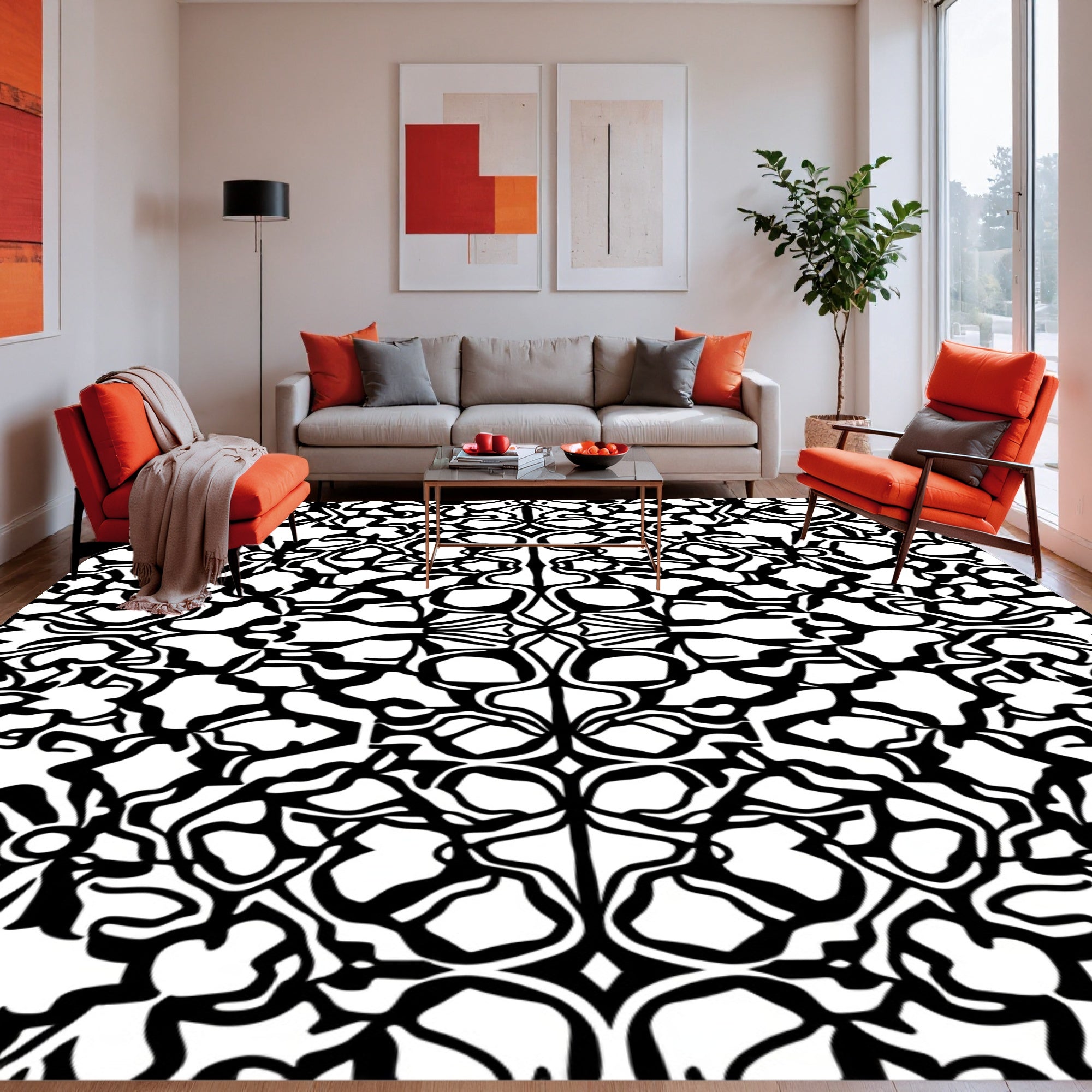 Intricate Black White Floral Pattern Rug