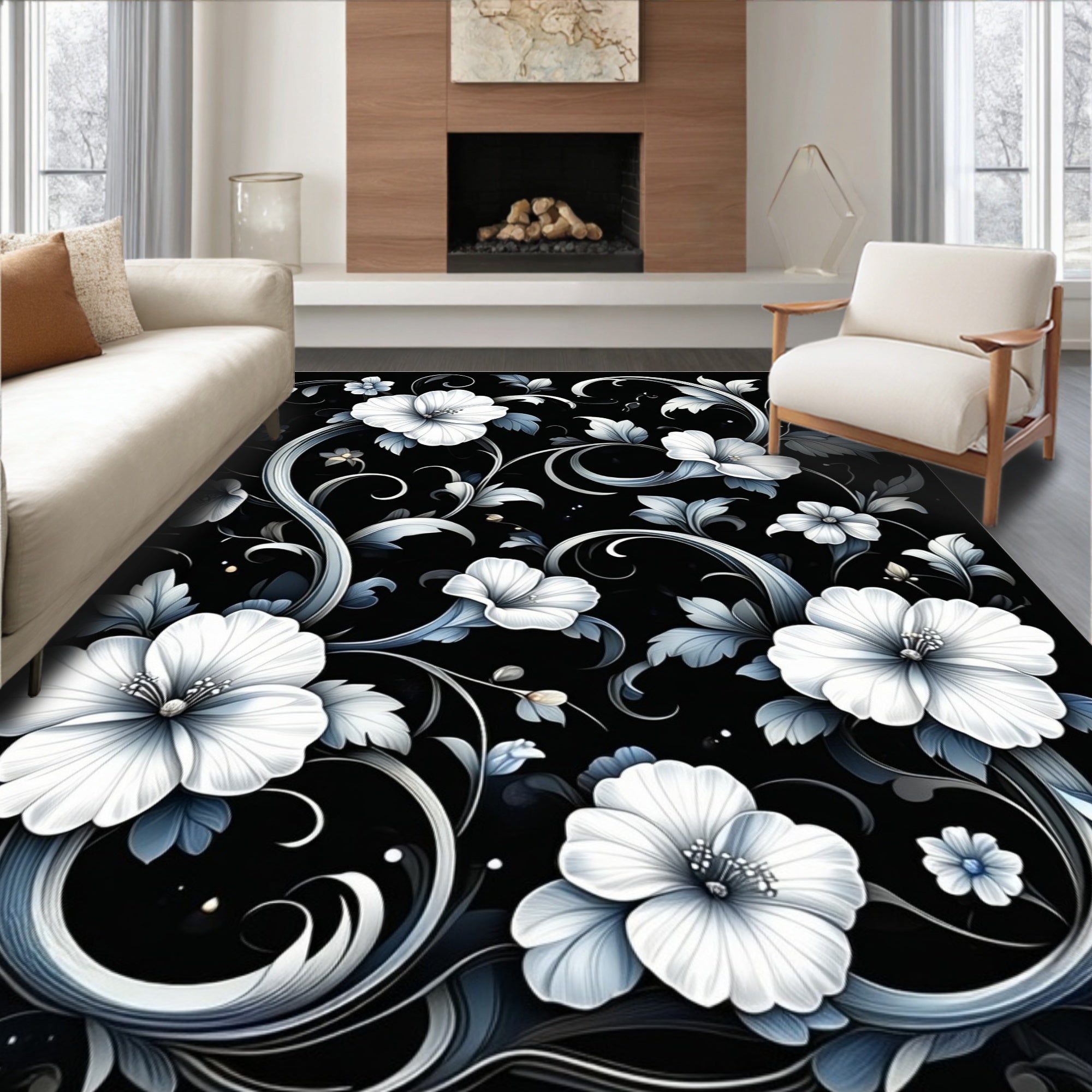 Elegant White Floral Swirls Pattern Rug