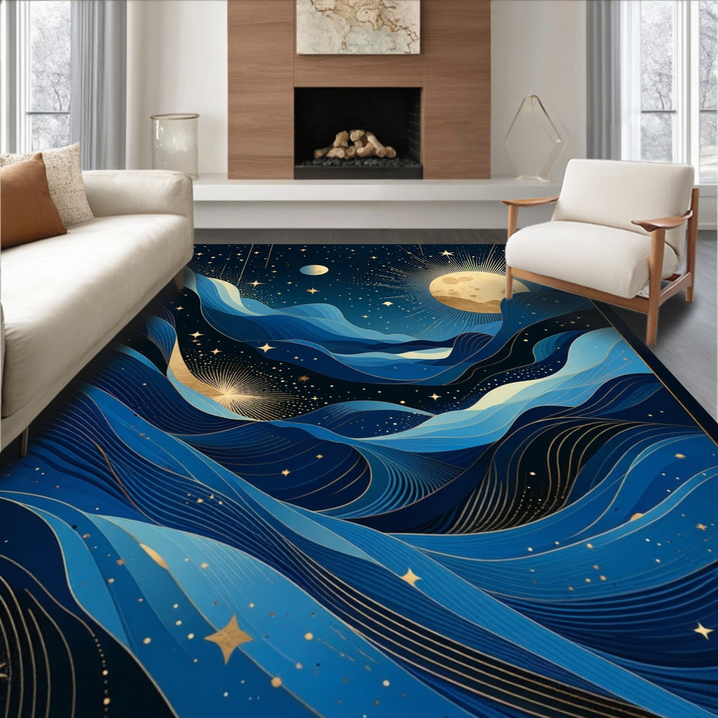 Celestial Wave Abstract Blue Gold Rug