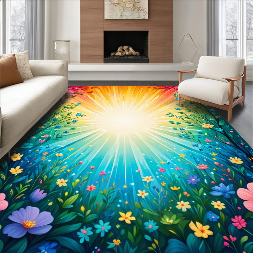 Vibrant Sunburst Floral Meadow Design Rug