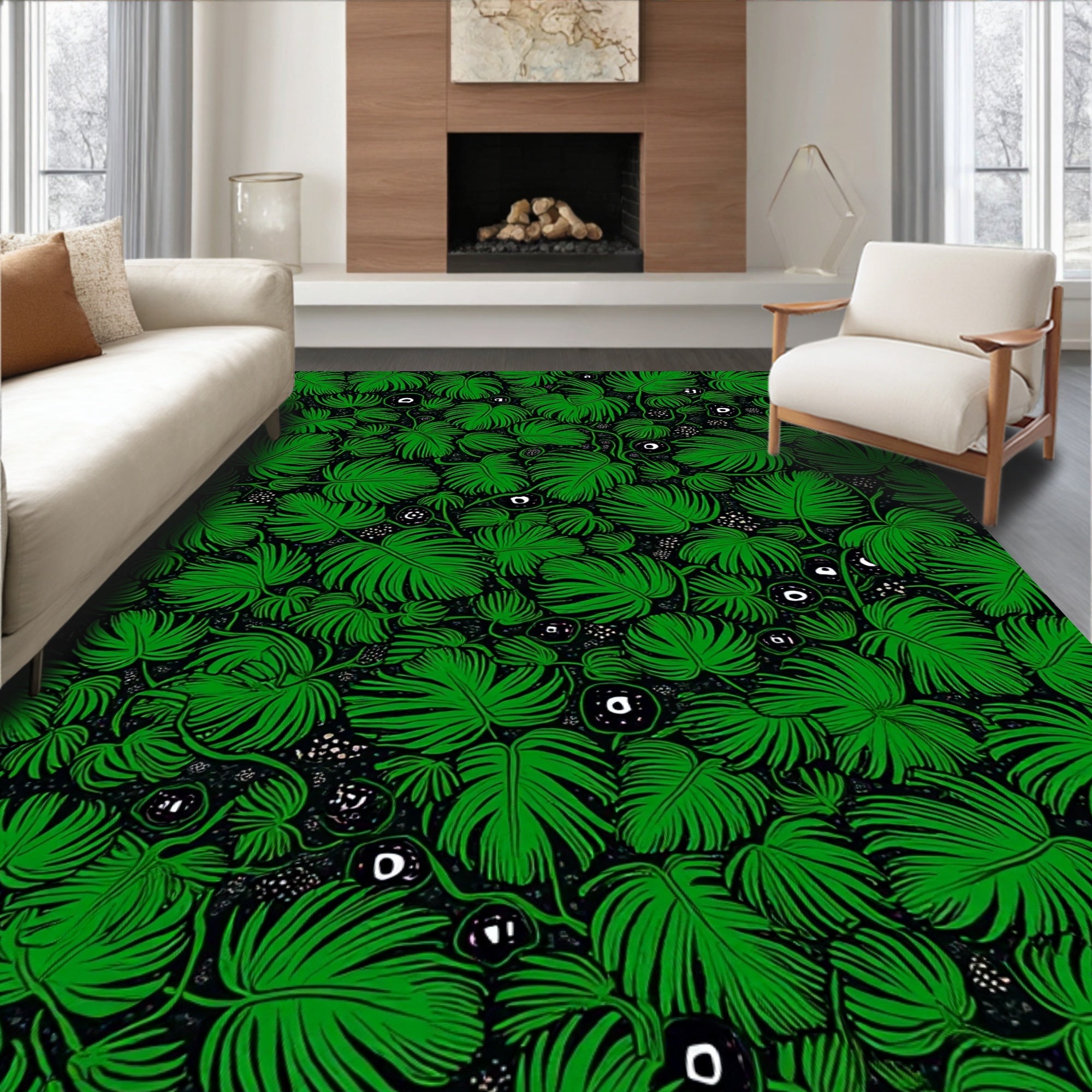 Lush Green Leaf and Berry Pattern Rug