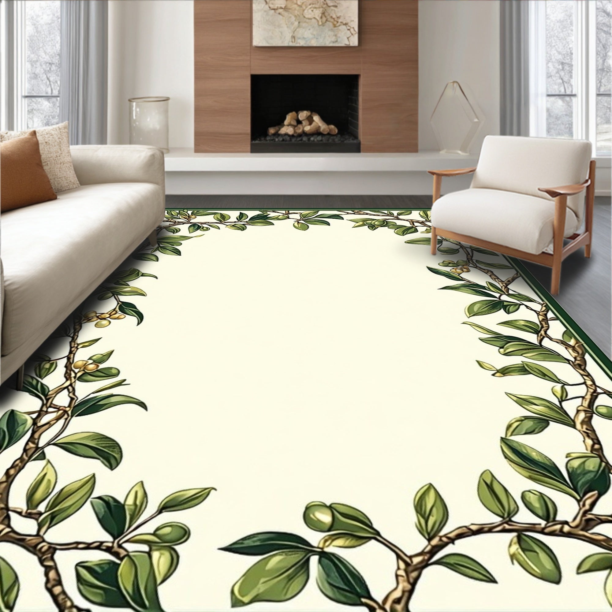 Botanical Vine Olive Branch Border Rug