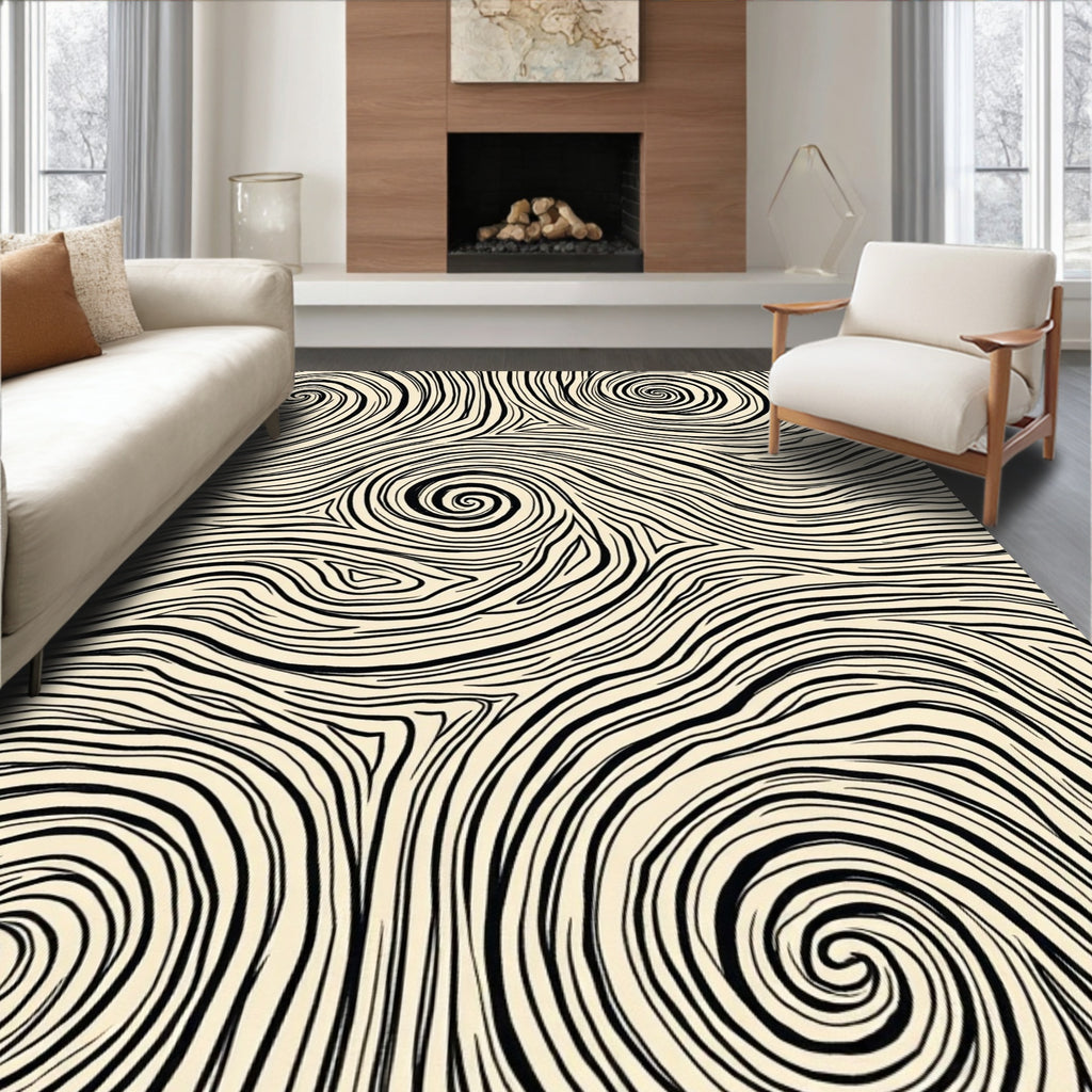 Swirl Pattern Black Cream Abstract Lines Rug